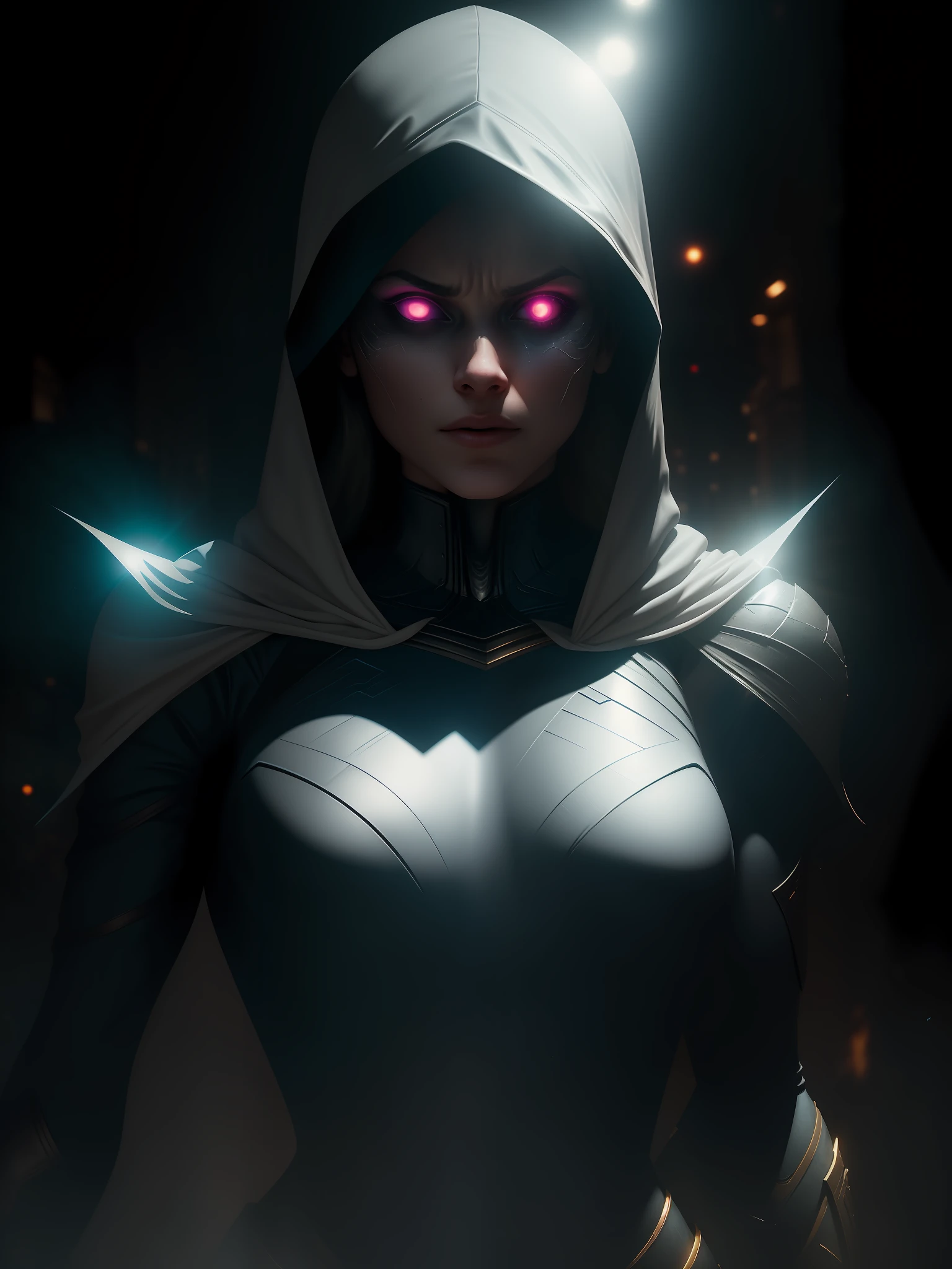 Scene from the movie, close-up shot of Woman dressed as Moon Knight from Marvel, distorted space, distorted undead in the background, lens flares, light shafts, intricate details, highly detailed, volumetric lighting, 4k rendering, stock photo, hyperrealistic, realistic textures, dramatic lighting, Unreal Engine