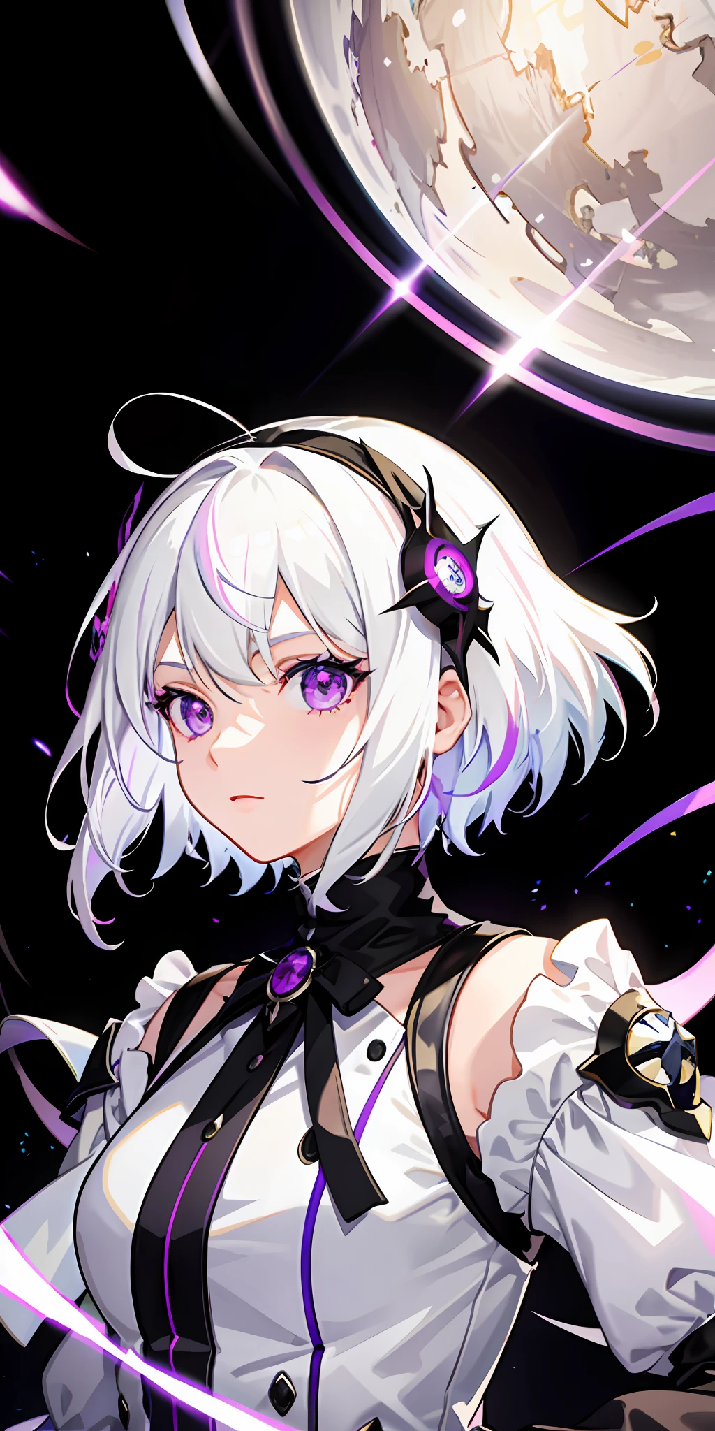 1girl, white hair, multicolored hair, purple eyes, mask on head, sidelighting, light particles, wallpaper,