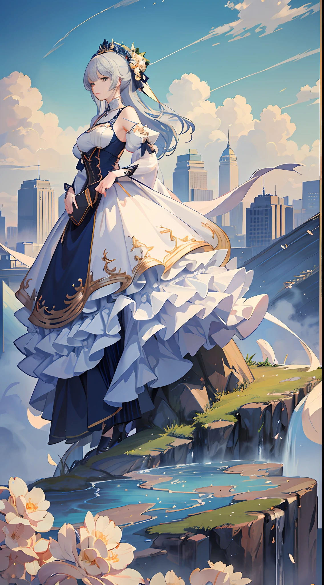 huge_filesize, game CG, illustration, poster style, album cover, cityscape, ((three expressionless)), porcelain dress, {an extremely delicate and beautiful girl}, 8k wallpaper, {{{masterpiece}}}, ((masterpiece)), ((best quality))), ((super detailed)), ((illustration)), dynamic angle, full body