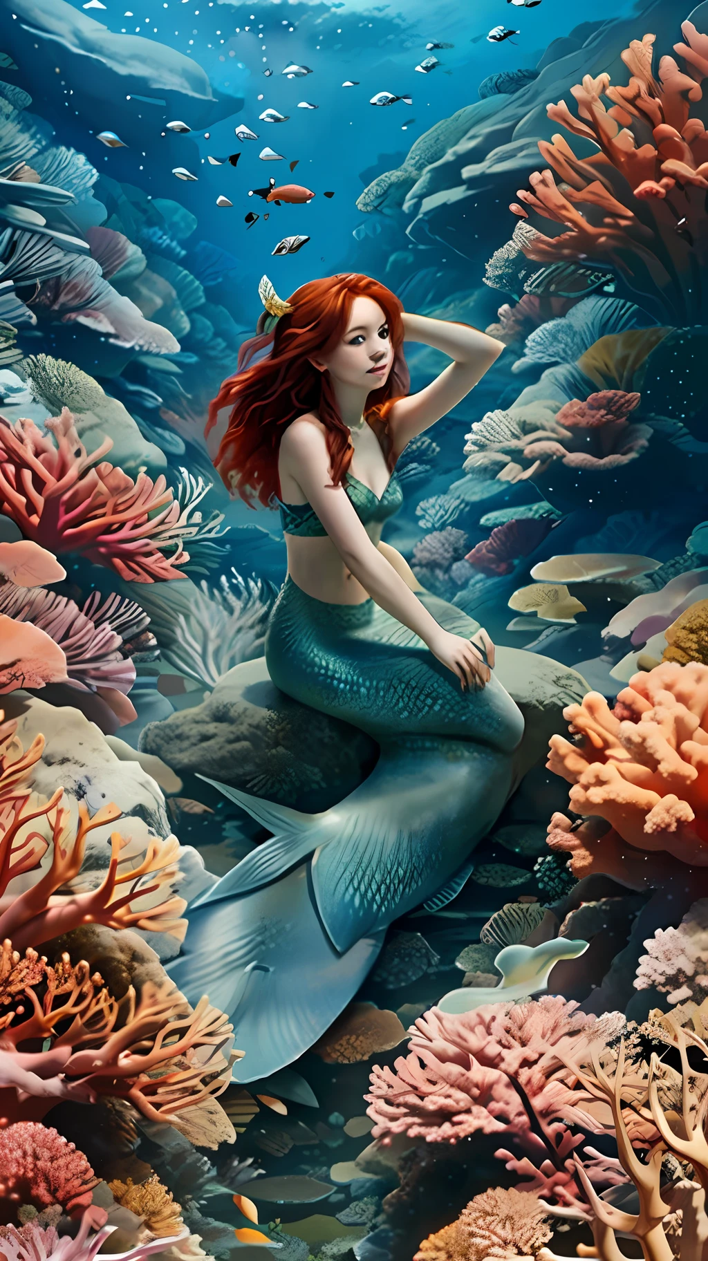 Mermaid, red hair, sitting on stone, corals, fish, algae,