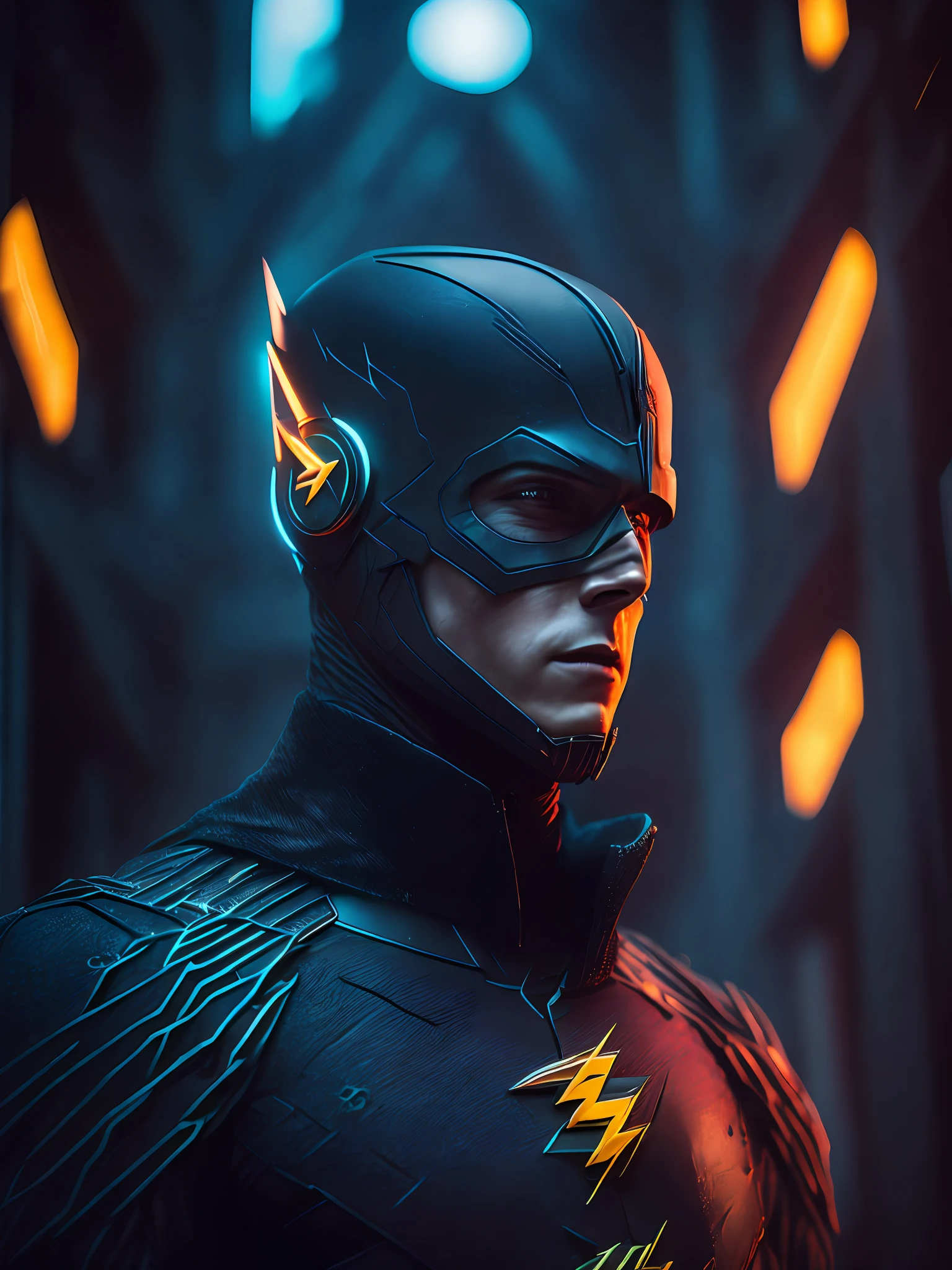 gloomy portrait of Flash from DC with intricate angular cybernetic implants inside a brutalist building, gothic brutalist cathedral, cyberpunk, award-winning photo, bokeh, neon lights, cybernetic limb
