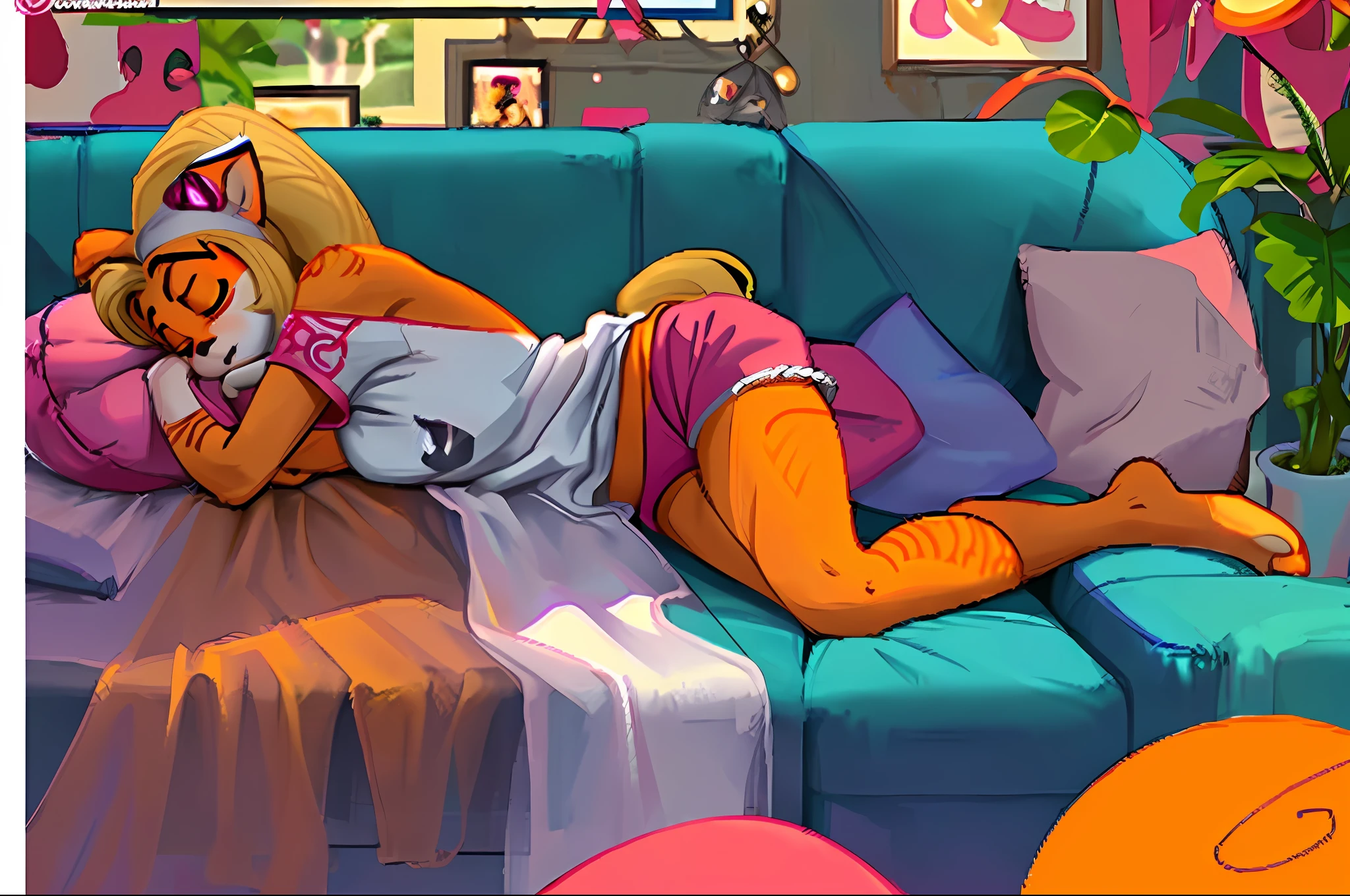 coco, furry, female, masterpiece, detailed textures, beautiful, orange fur, white shirt, pink shorts, sleeping on couch, laying on pillow, living room with posters of aku aku in background, ponytail