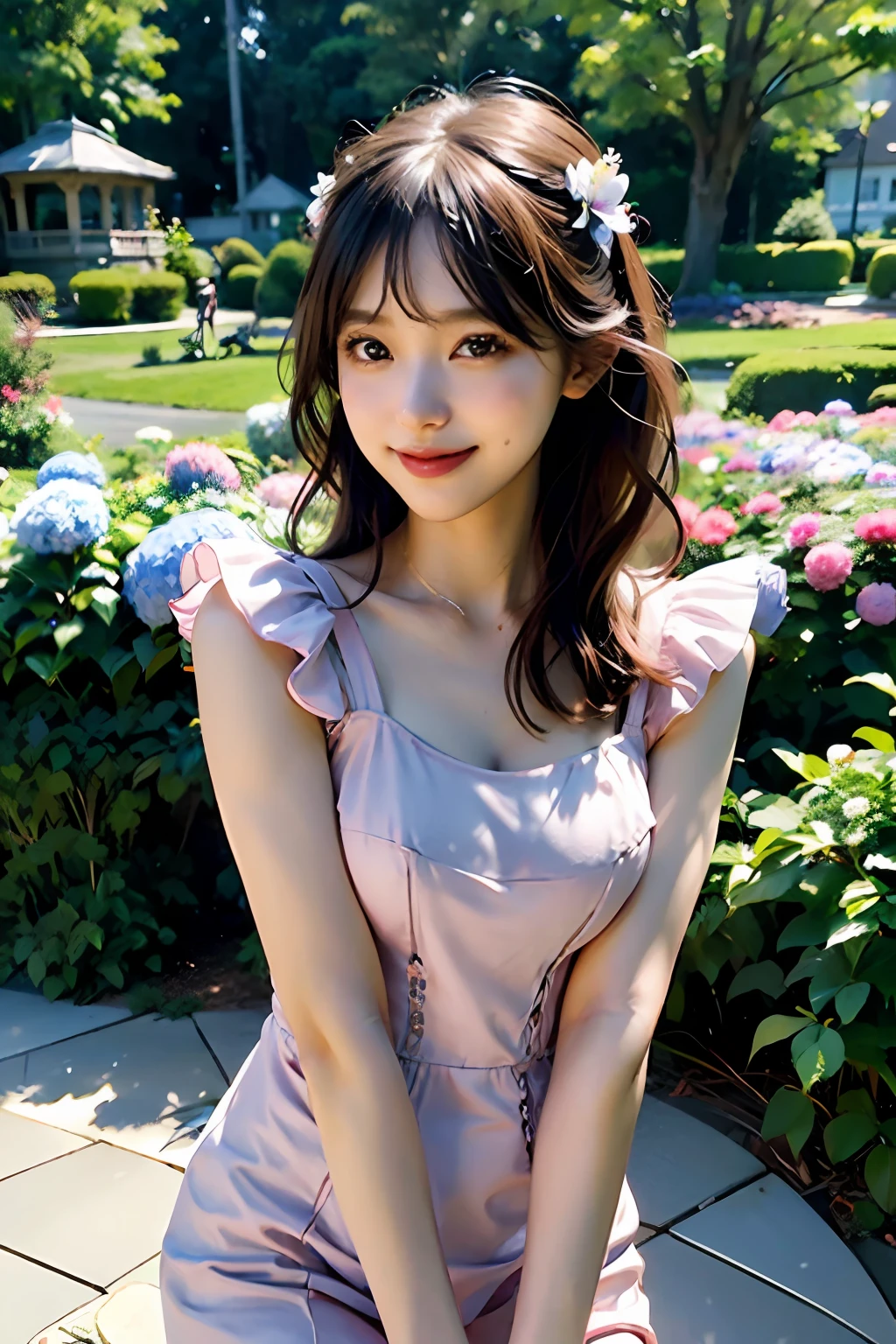 best quality, masterpiece, ultra high res, 8K, raw, (photo realistic:1.4), professional lighting, depth of field, (detailed background:1.5), hydrangeas, flower garden, slender, stretch, 1 girl, cute, smile, big black eyes, open mouth, tiny breasts, detailed clothes, pale pink, one-piece with frill