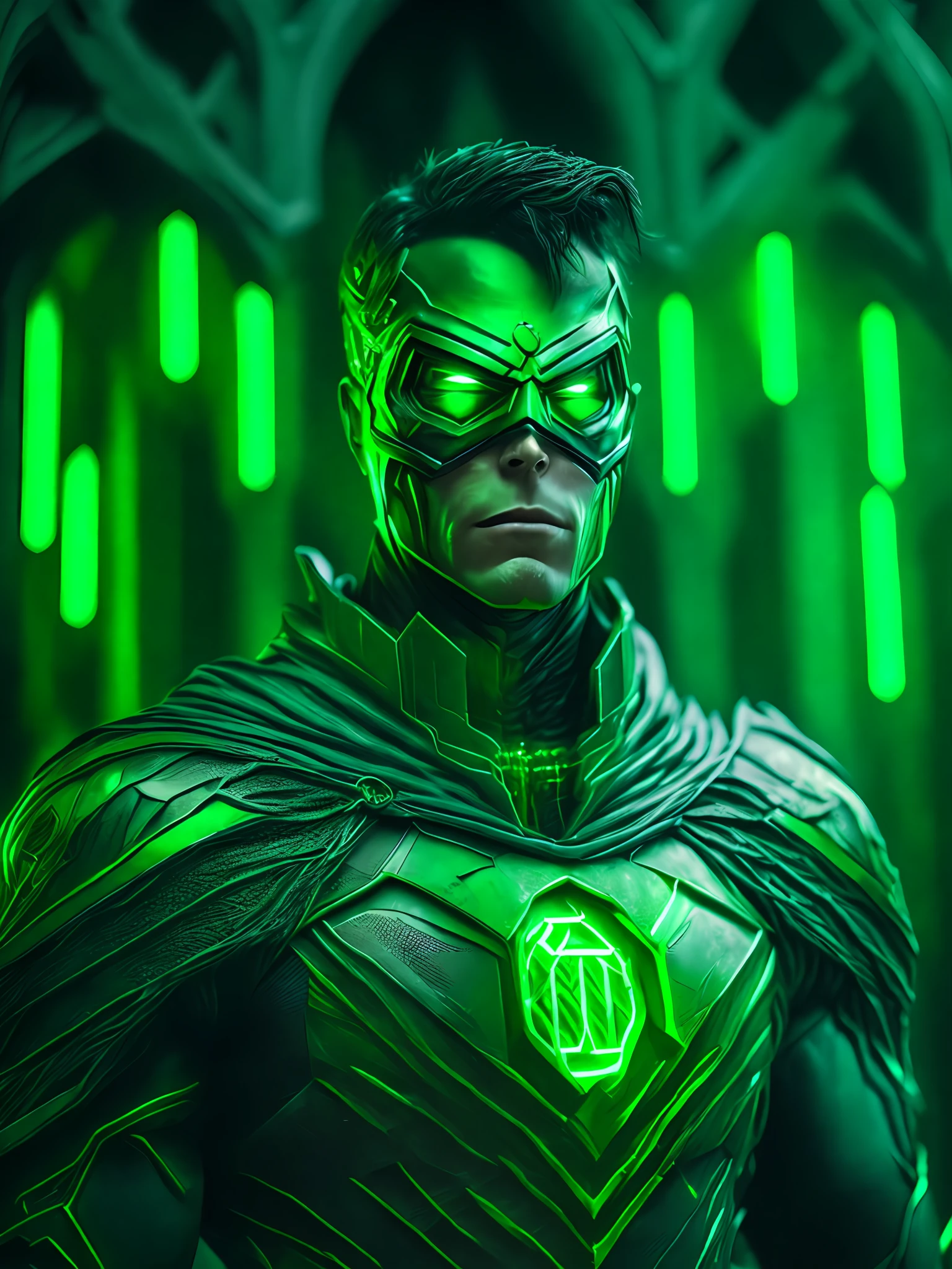 grim portrait of Green Lantern from DC with intricate angular cybernetic implants inside a brutalist building, gothic brutalist cathedral, cyberpunk, award-winning photo, bokeh, neon lights, cybernetic limb
