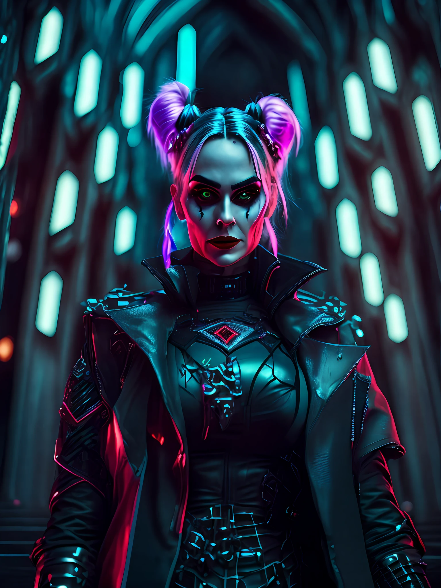 gloomy portrait of Harley Quinn from DC with intricate angular cybernetic implants inside a brutalist building, gothic brutalist cathedral, cyberpunk, award-winning photo, bokeh, neon lights, cybernetic limb