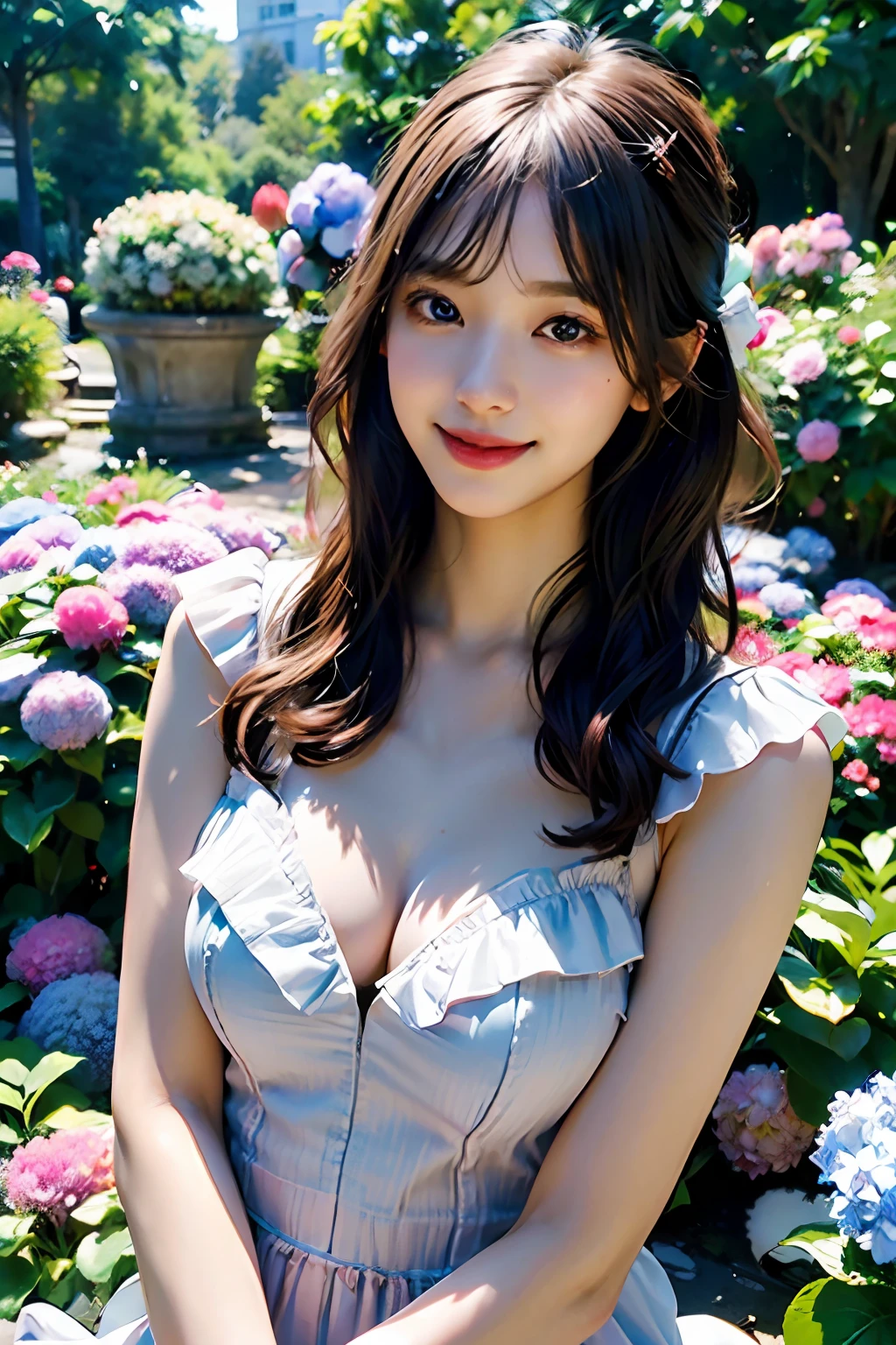 best quality, masterpiece, ultra high res, 8K, raw, (photo realistic:1.4), professional lighting, depth of field, (detailed background:1.5), hydrangeas, flower garden, slender, stretch, 1 girl, cute, smile, big black eyes, open mouth, tiny breasts, detailed clothes, mat pale pink, one-piece with frill