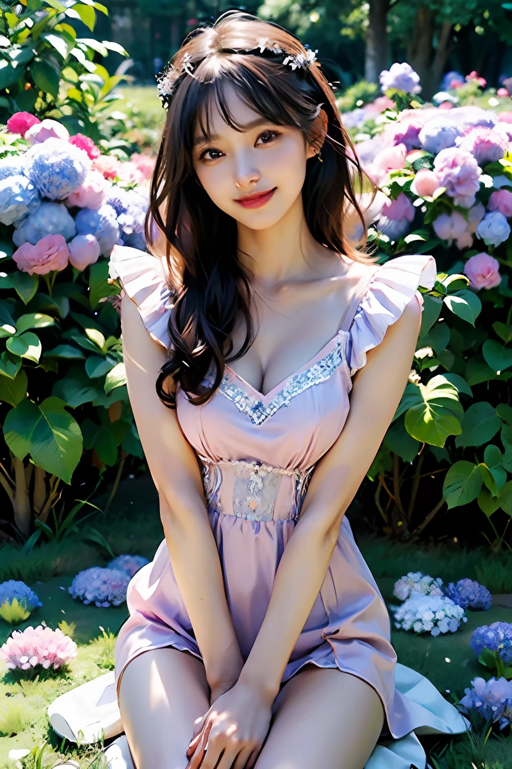 best quality, masterpiece, ultra high res, 8K, raw, (photo realistic:1.4), professional lighting, depth of field, (detailed background:1.5), hydrangeas, flower garden, slender, stretch, 1 girl, cute, smile, big black eyes, open mouth, tiny breasts, detailed clothes, mat pale pink, one-piece with frill
