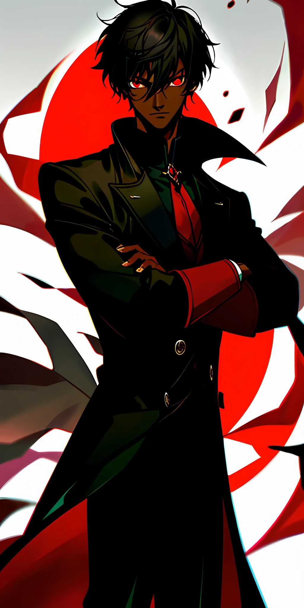 1boy, dark skin, short hair, coat, red eye