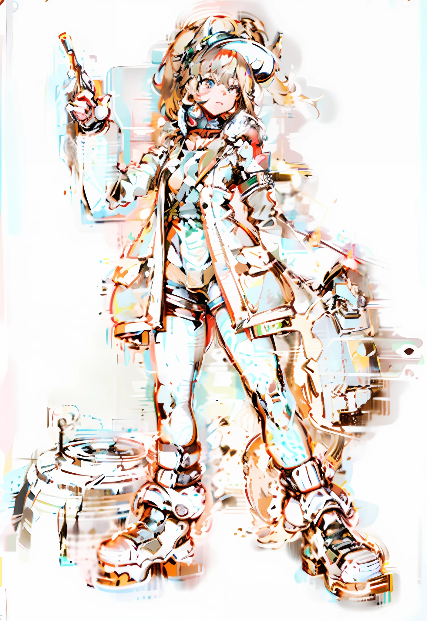 2D anime style, full body, blonde hair, red eyes, brown hat, white fur collar, brown leather coat, brown shorts, olive green boots, white socks, flesh-colored well-proportioned thighs, walkie-talkie in hand, a gun in the other hand, round robot at feet, scene standing on ruins, ultra HD,