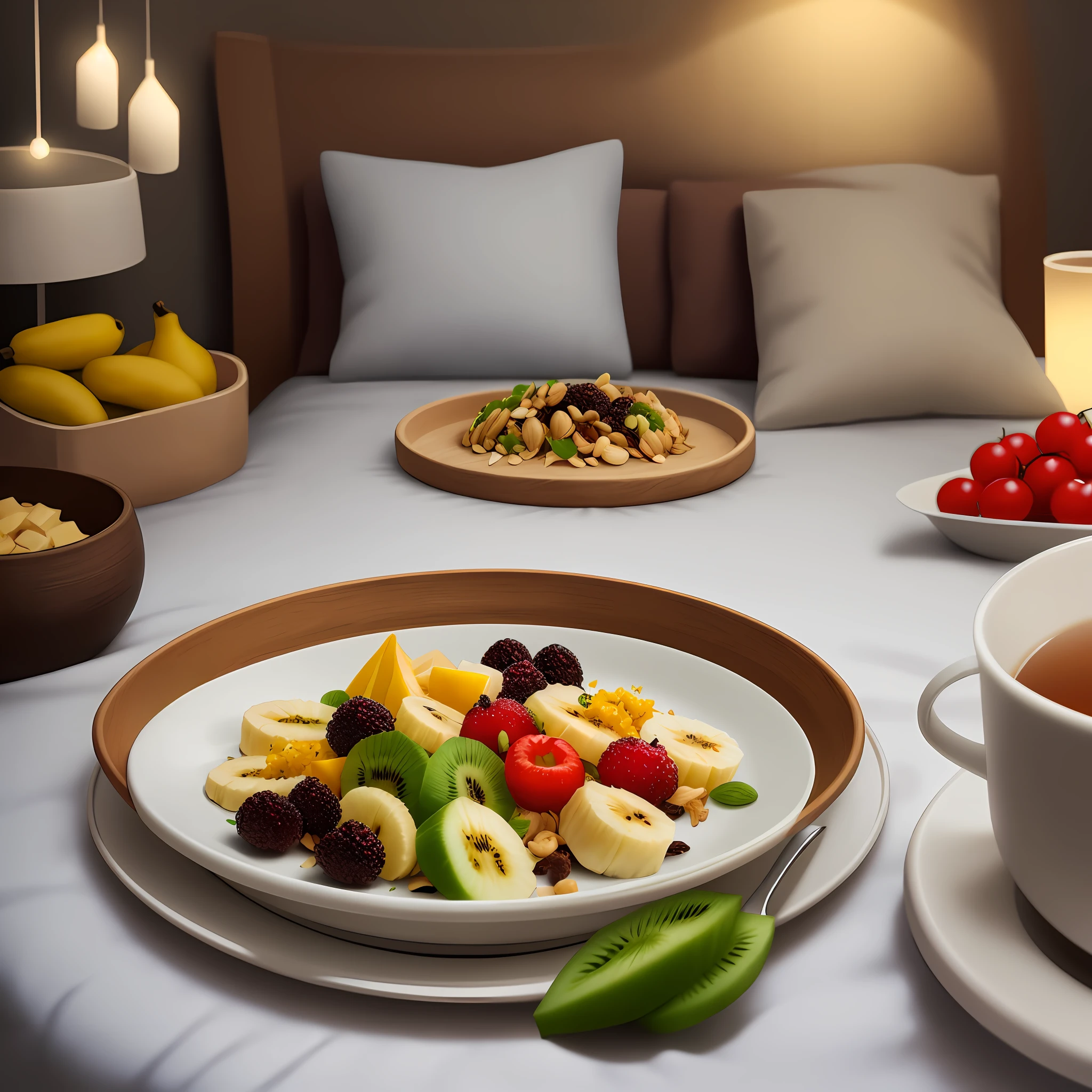 An illustration of a cozy and comfortable bed, surrounded by a variety of healthy foods. In the center of the image, stands out a plate with kiwis, bananas, nuts and cherries, accompanied by a cup of chamomile tea. Around the bed, there are visual elements that symbolize sleep, such as fluffy clouds and bright stars. This image represents the connection between food and sleep, conveying a sense of tranquility and relaxation.