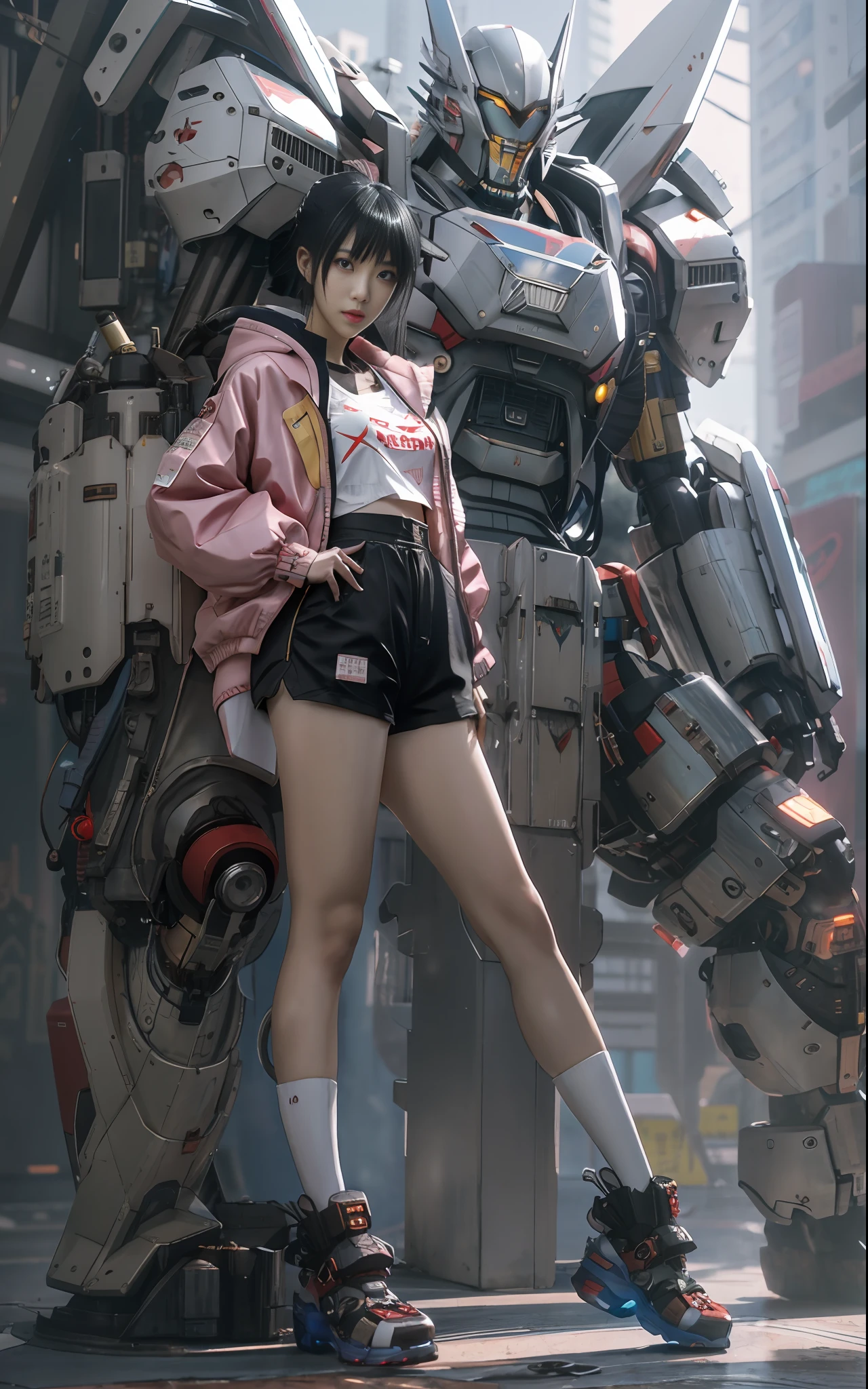 anime girl in short shorts and jacket standing next to giant robot, artwork in the style of guweiz, cyberpunk anime girl mech, trending on cgstation, guweiz, by Russell Dongjun Lu, digital cyberpunk anime art, ross tran 8 k, guweiz on artstation pixiv, girl in mecha cyber armor