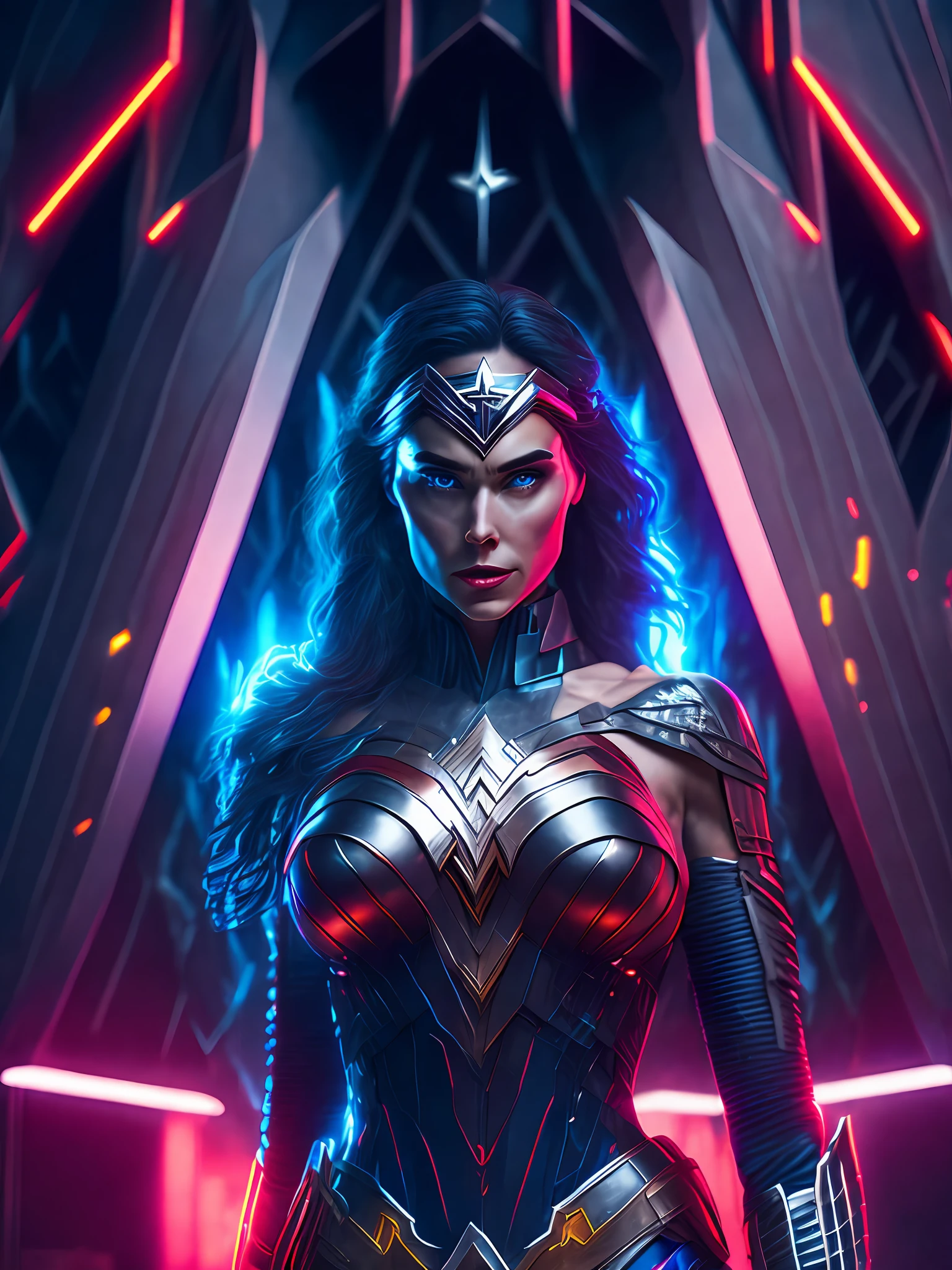 somber portrait of Wonder Woman from DC with intricate angular cybernetic implants inside a brutalist building, gothic brutalist cathedral, cyberpunk, award-winning photo, bokeh, neon lights, cybernetic limb