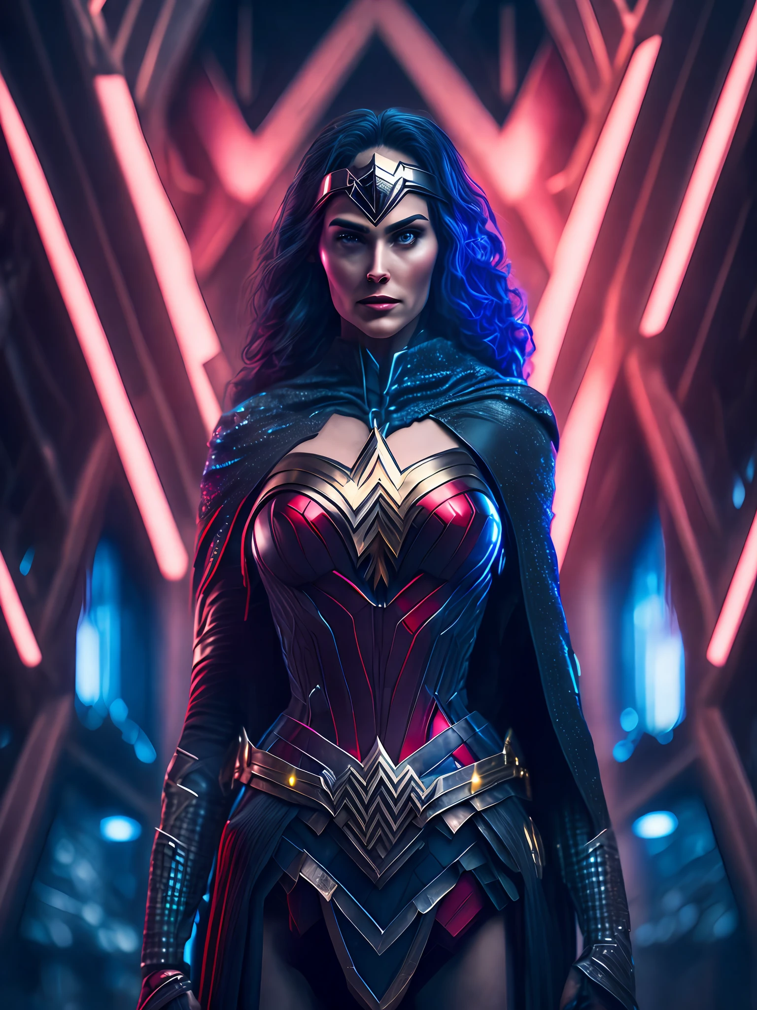 somber portrait of Wonder Woman from DC with intricate angular cybernetic implants inside a brutalist building, gothic brutalist cathedral, cyberpunk, award-winning photo, bokeh, neon lights, cybernetic limb