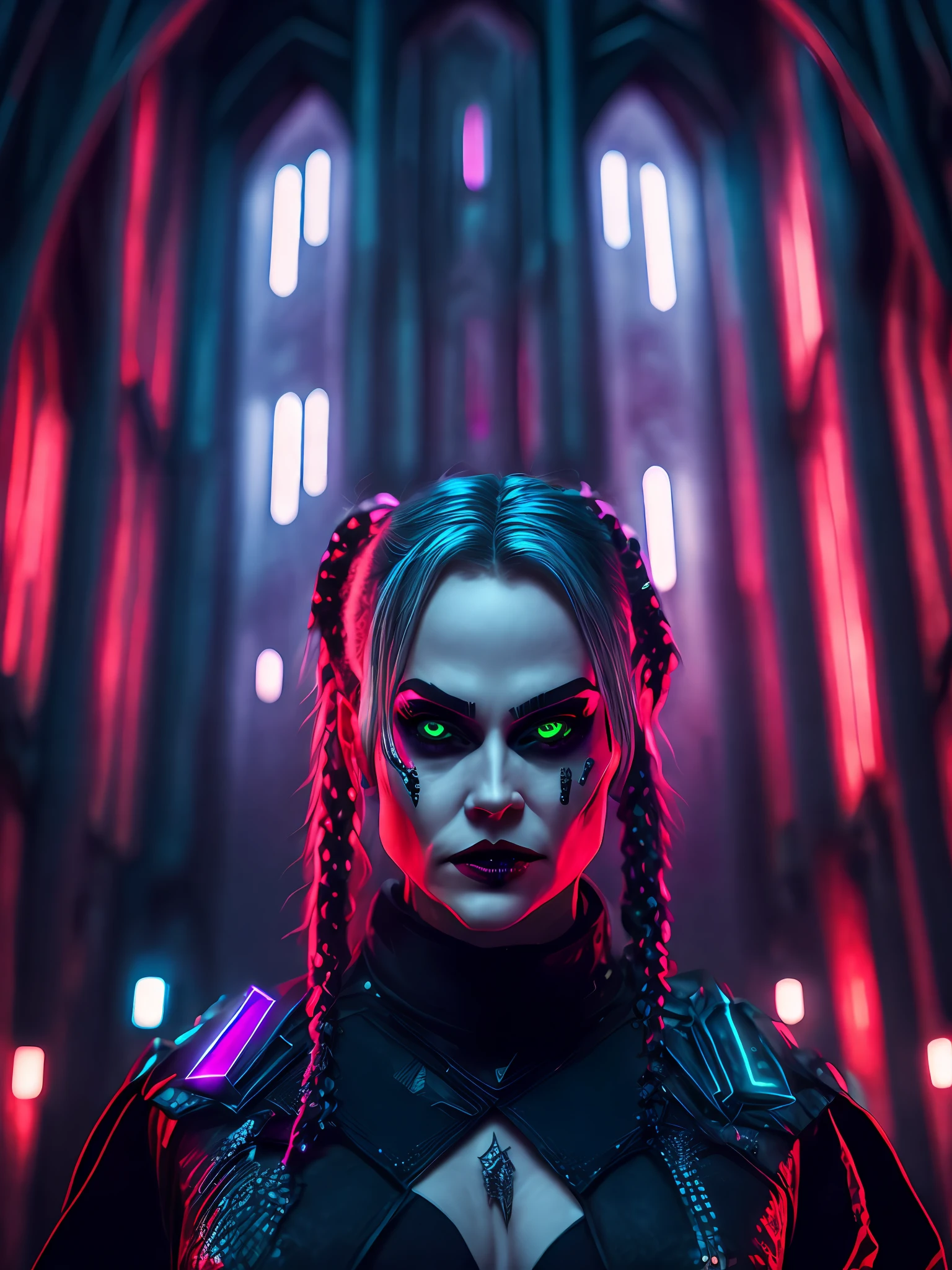 gloomy portrait of Harley Quinn from DC with intricate angular cybernetic implants inside a brutalist building, gothic brutalist cathedral, cyberpunk, award-winning photo, bokeh, neon lights, cybernetic limb