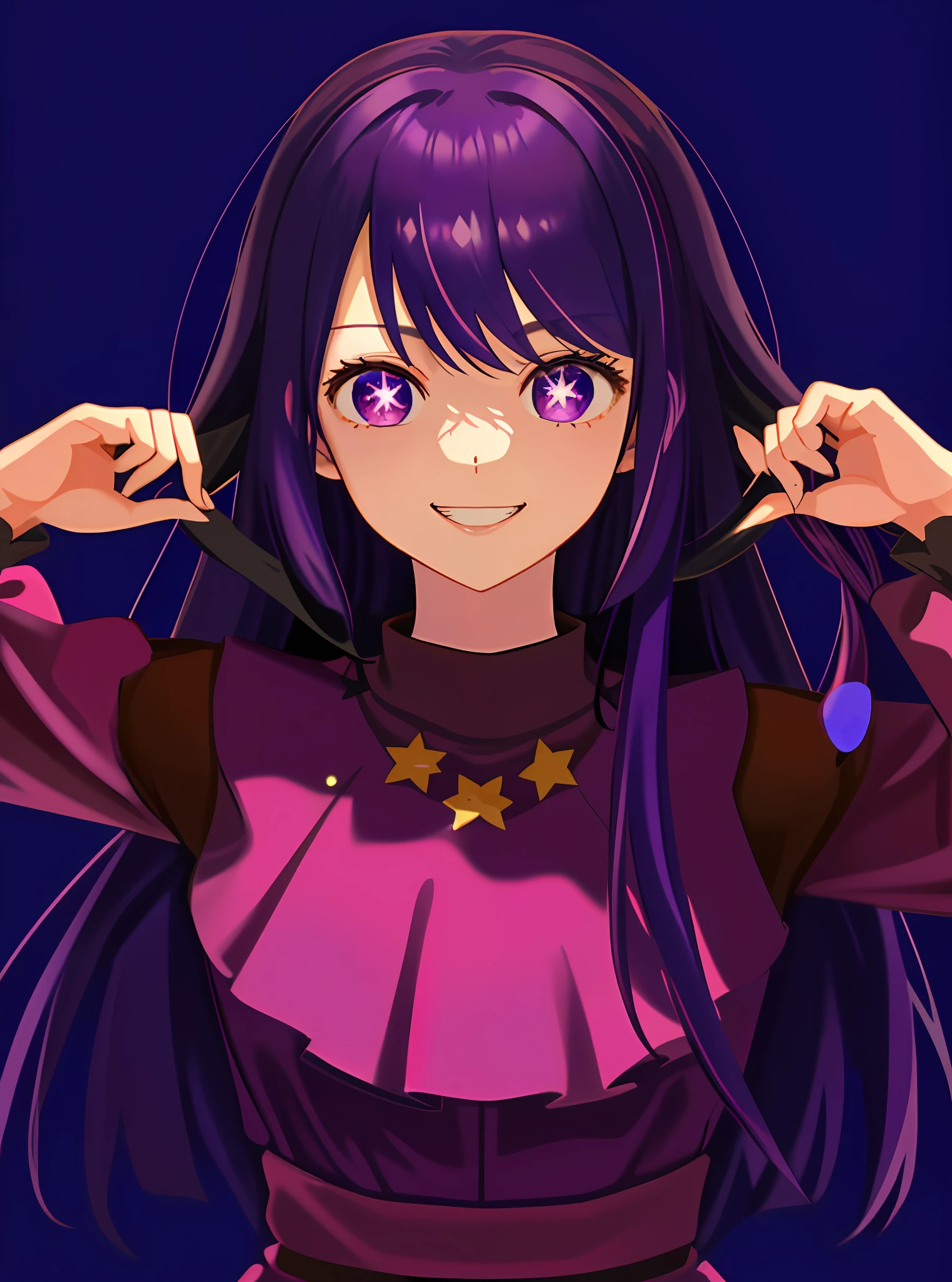 masterpiece, (best quality:1.2), detailed, Hoshino Ai, 1girl, (solo), (purple hair:1.2), hair down, (purple eyes), star-shaped pupils, (grin:1.2), (upper body:1.3), hair ornament, (long sleeve dress:1.3), (purple dress:1.2), detailed eyes, highres, (simple background, blue background:1.3), high details, (staring at viewer:1.2)