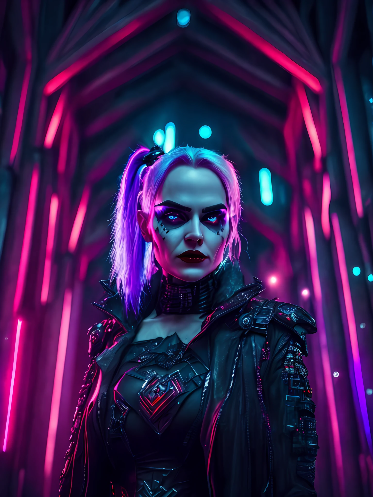 gloomy portrait of Harley Quinn from DC with intricate angular cybernetic implants inside a brutalist building, gothic brutalist cathedral, cyberpunk, award-winning photo, bokeh, neon lights, cybernetic limb