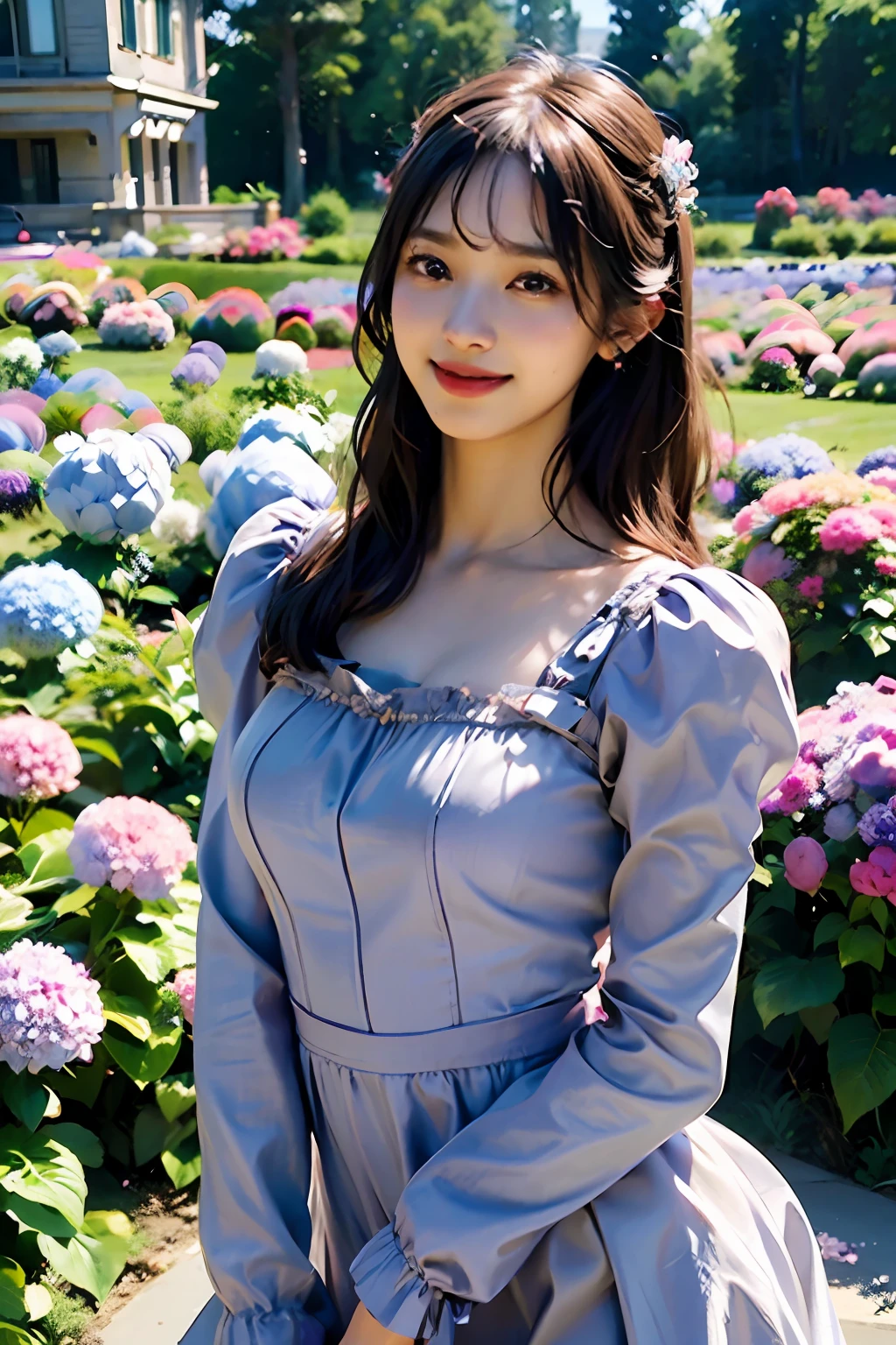best quality, masterpiece, ultra high res, 8K, raw, (photo realistic:1.4), professional lighting, depth of field, (detailed background:1.5), hydrangeas, flower garden, slender, stretch, 1 girl, cute, smile, big black eyes, teeth, tiny breasts, detailed clothes, light purple, one-piece with frill