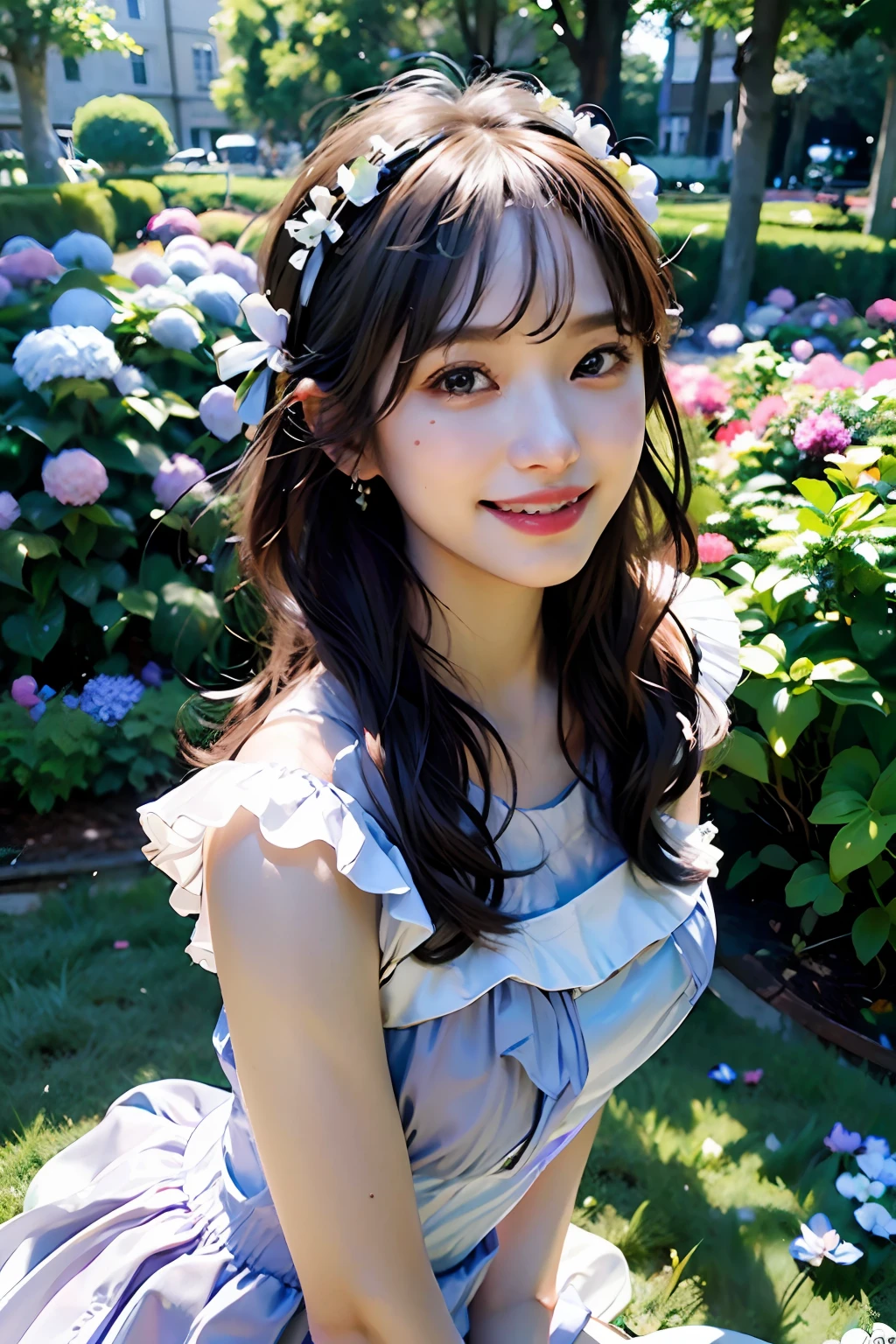 best quality, masterpiece, ultra high res, 8K, raw, (photo realistic:1.4), professional lighting, depth of field, (detailed background:1.5), hydrangeas, flower garden, slender, stretch, 1 girl, cute, smile, big black eyes, teeth, tiny breasts, detailed clothes, light purple, one-piece with frill