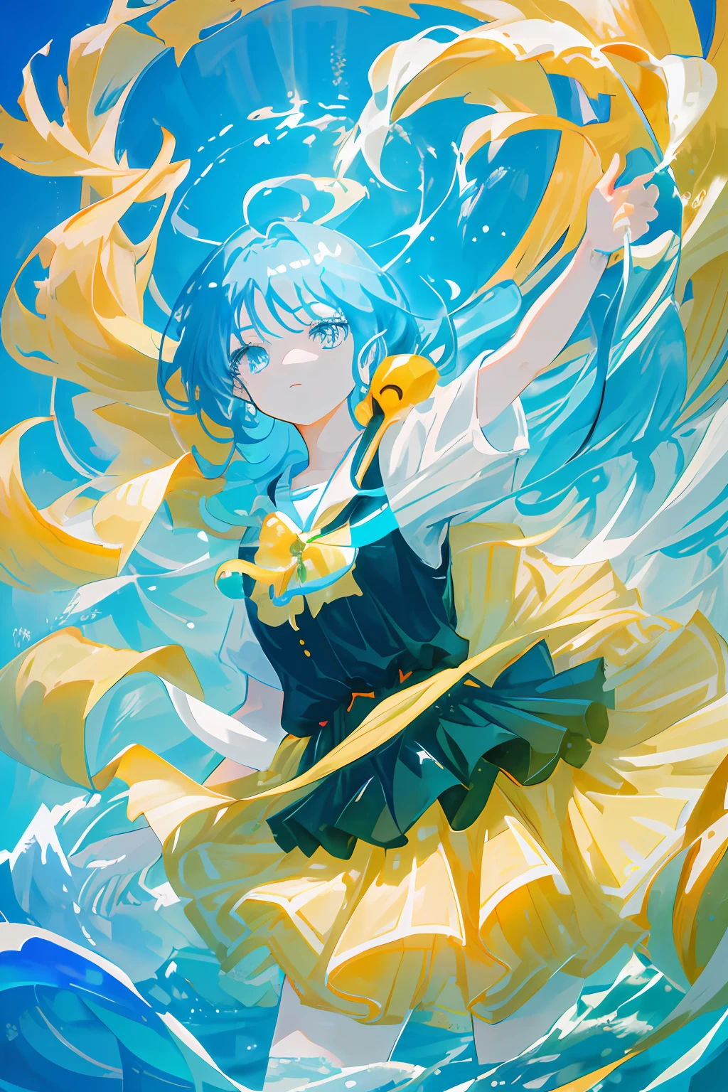 an anime girl under the water with her ​eyes wide ope​n, in the style of realistic depictions of everyday life, honeycore, quiet moments captured in paint, luminous reflections, close up, light yellow and sky-blue​