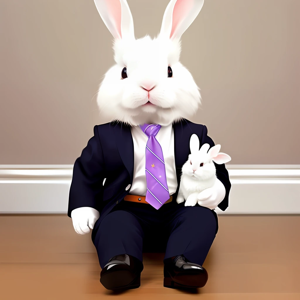 A realistic cuddly white rabbit with suit and tie