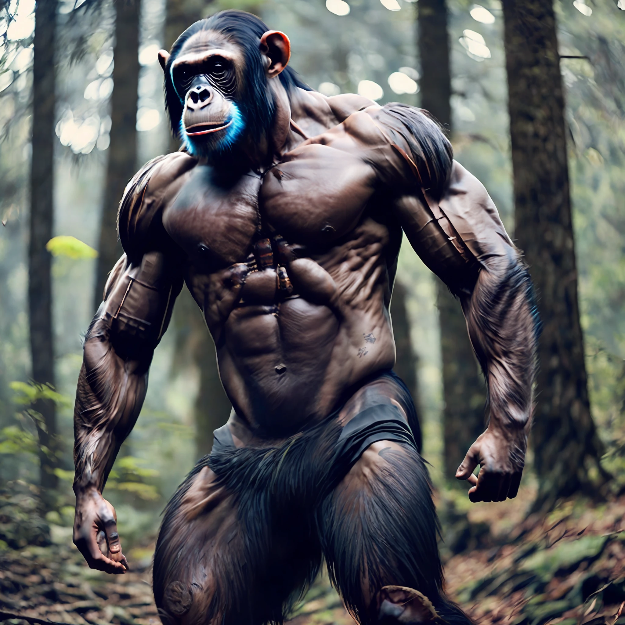 fking_scifi_v2, epic, full body, ultra-high resolution photograph, Realism, (muscular:3.0), chimpanzee, standing tall in the forest, massive pectoral muscles, massive well-defined biceps, well defined six pack abs, wide shoulders, well developed deltoids, hyperrealistic, by David Mann, by Mark Brooks, by (WLOP:1.1): Bokeh: DSLR, F/64: Warm Color Palette: Full-HD: Natural Lighting: