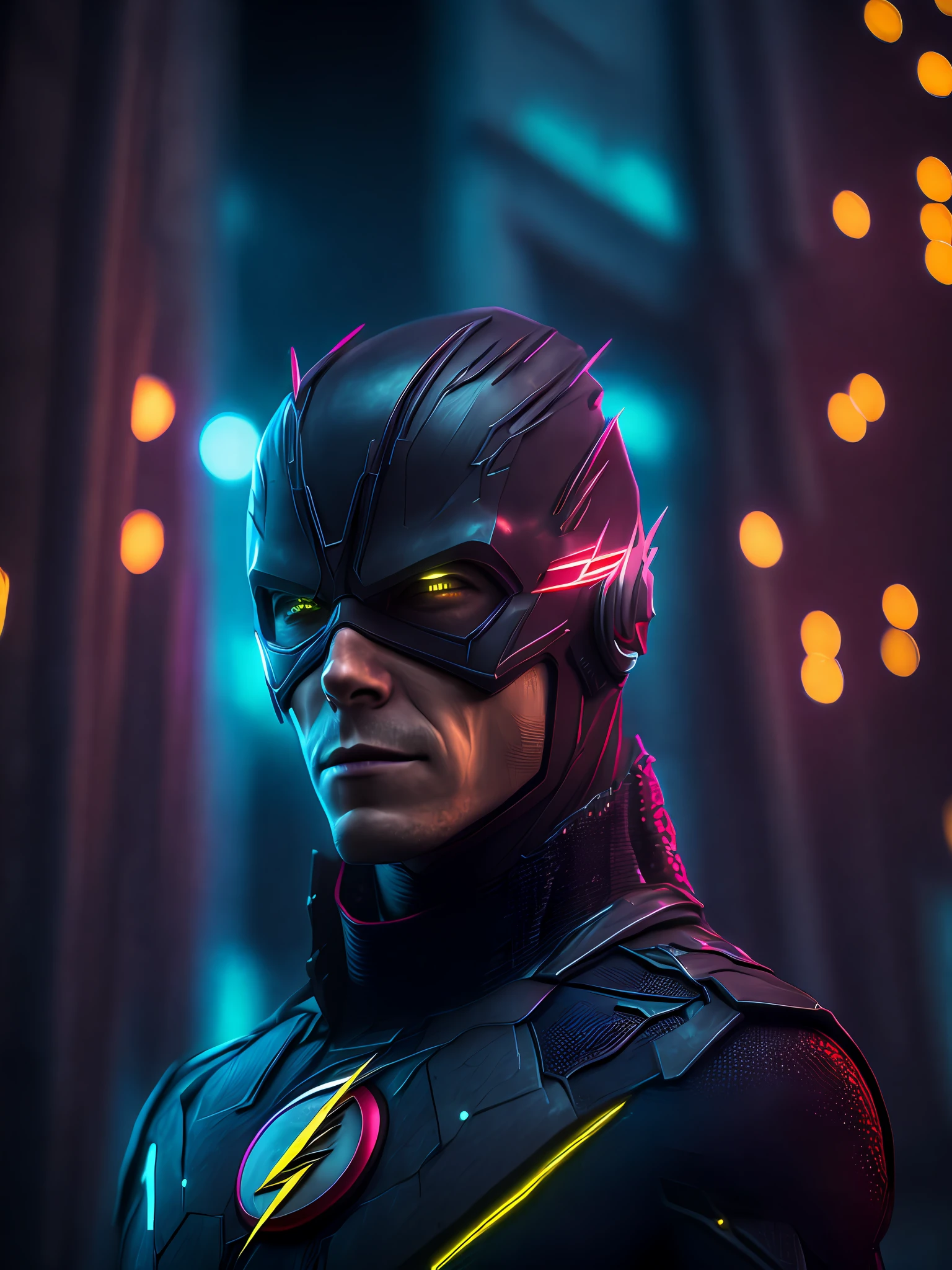 gloomy portrait of Flash from DC with intricate angular cybernetic implants inside a brutalist building, gothic brutalist cathedral, cyberpunk, award-winning photo, bokeh, neon lights, cybernetic limb