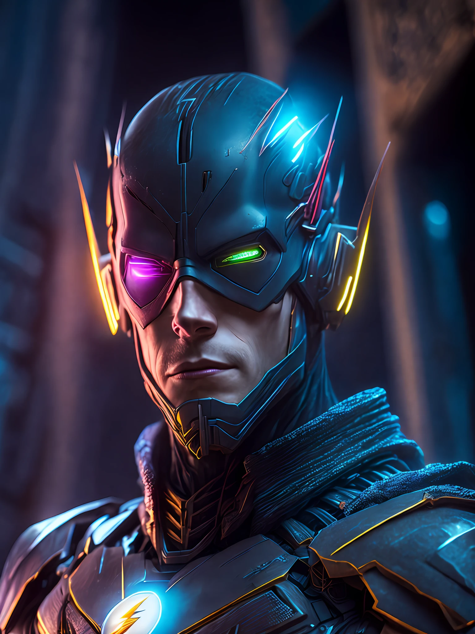 somber portrait of Cyborg Flash from DC with intricate angular cybernetic implants inside a brutalist building, gothic brutalist cathedral, cyberpunk, award-winning photo, bokeh, neon lights, cybernetic limb