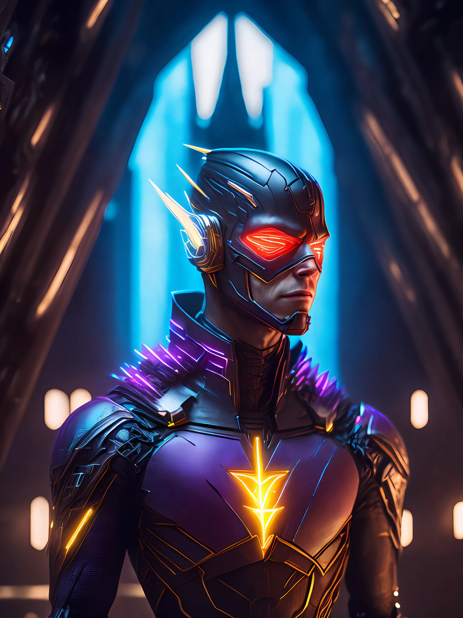 somber portrait of Cyborg Flash from DC with intricate angular cybernetic implants inside a brutalist building, gothic brutalist cathedral, cyberpunk, award-winning photo, bokeh, neon lights, cybernetic limb
