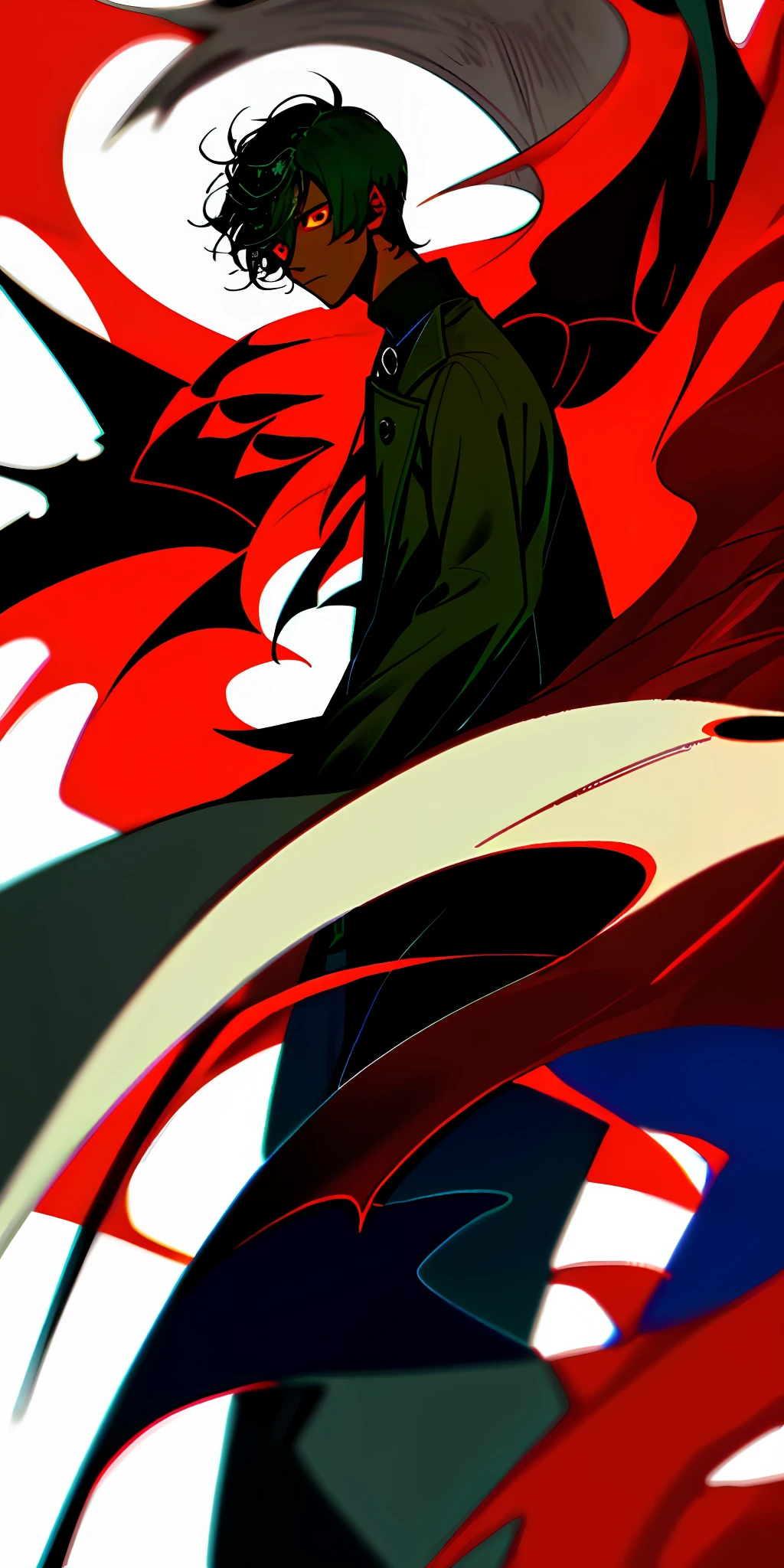 1boy, dark skin, short hair, coat, red eye
