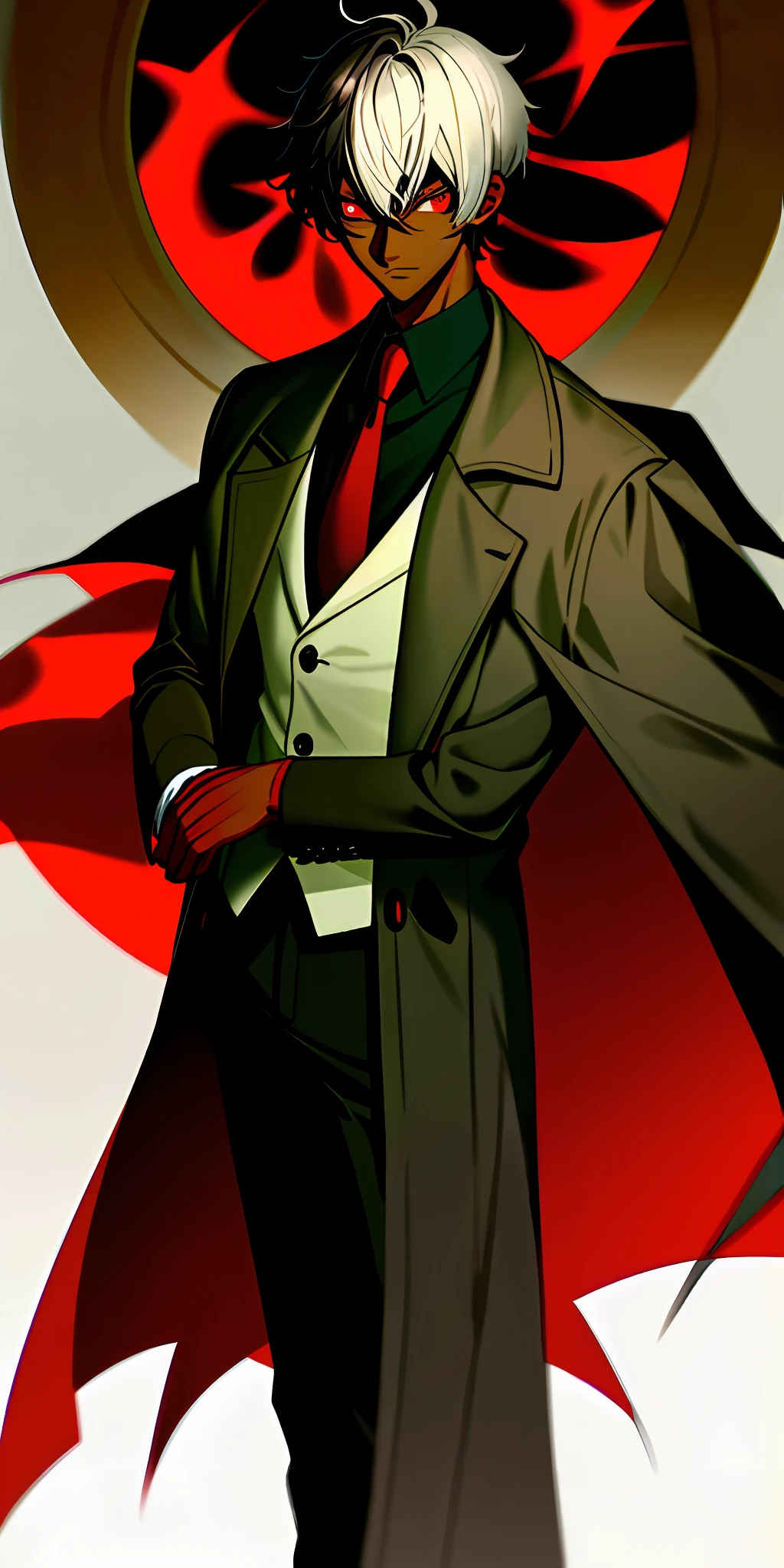 1boy, dark skin, short hair, coat, red eye