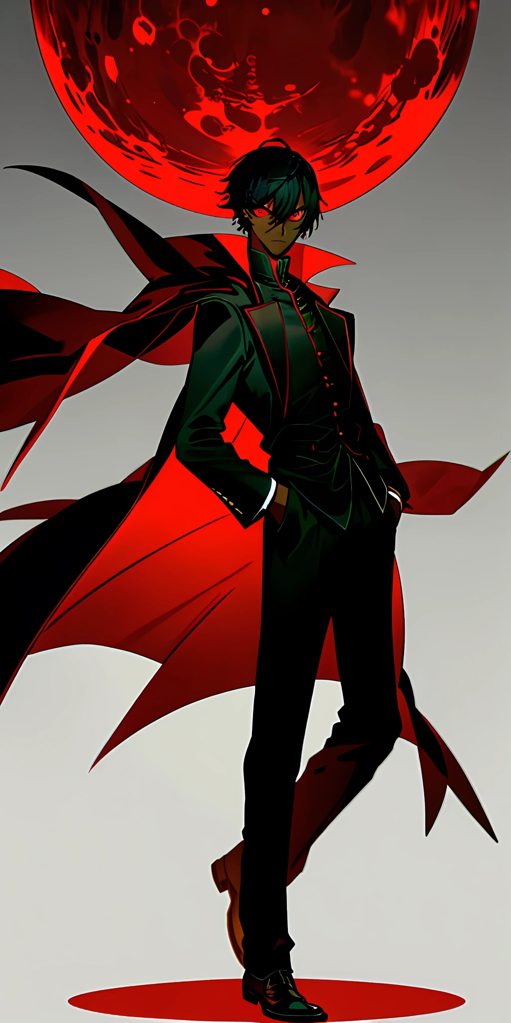 1boy, dark skin, short hair, coat, red eye