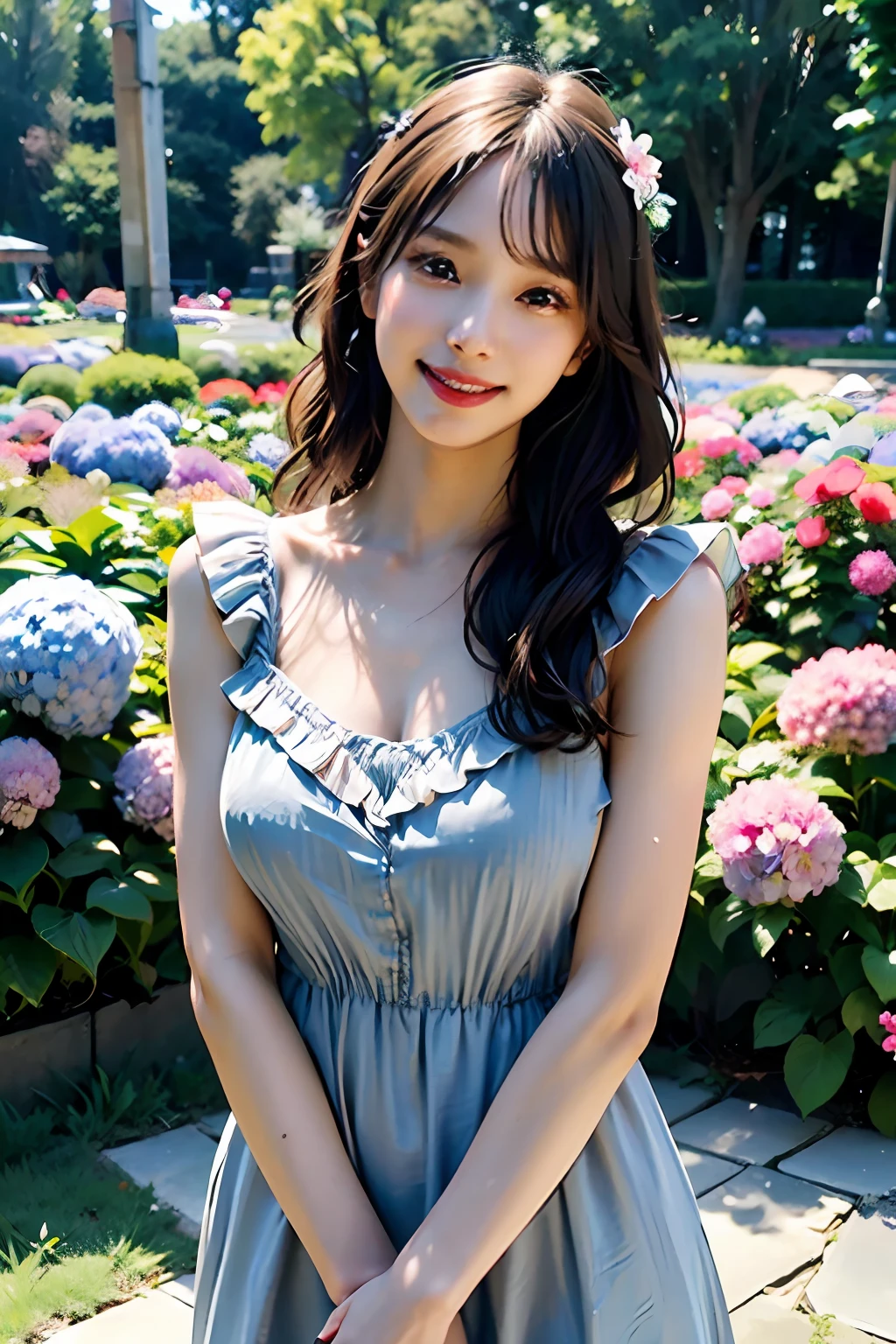 best quality, masterpiece, ultra high res, 8K, raw, (photo realistic:1.4), professional lighting, depth of field, (detailed background:1.5), hydrangeas, flower garden, slender, stretch, 1 girl, cute, smile, big black eyes, teeth, tiny breasts, detailed clothes, light gray, one-piece with frill
