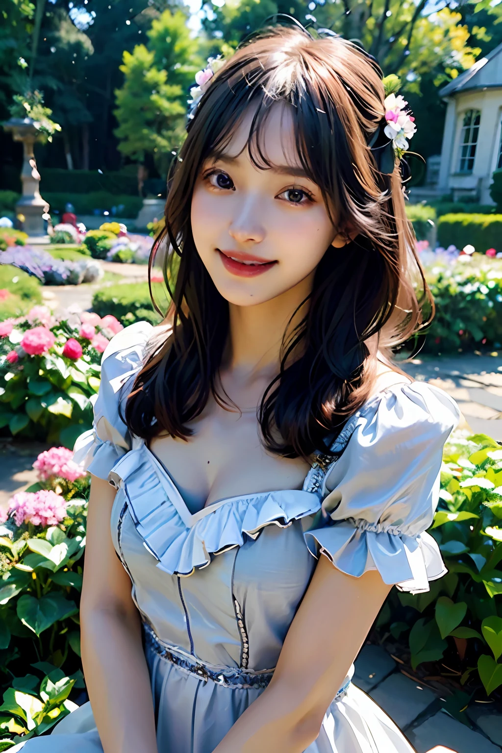 best quality, masterpiece, ultra high res, 8K, raw, (photo realistic:1.4), professional lighting, depth of field, (detailed background:1.5), hydrangeas, flower garden, slender, stretch, 1 girl, cute, smile, big black eyes, teeth, tiny breasts, detailed clothes, light gray, one-piece with frill
