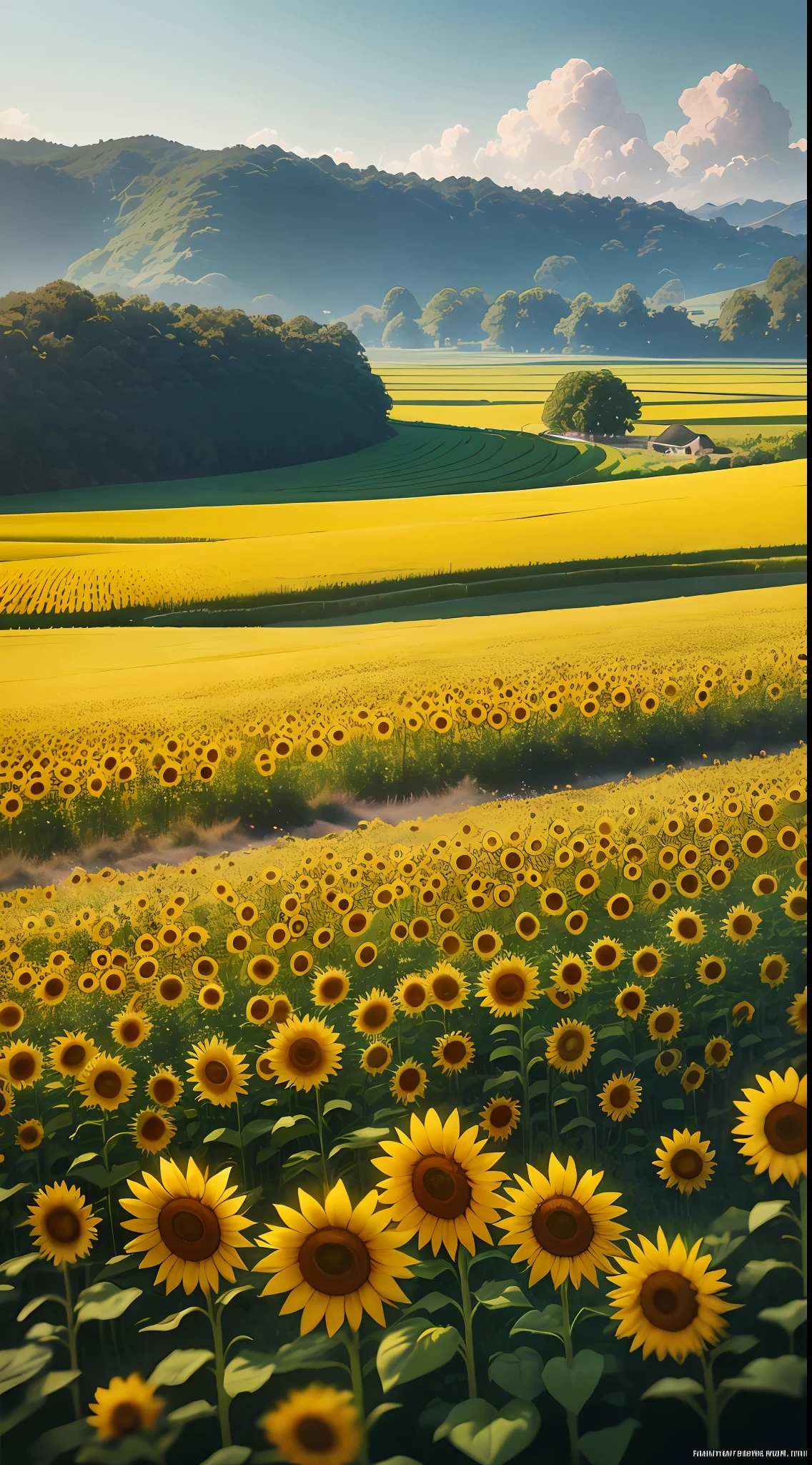 The idyllic scenery is cloudless, the sunflower waves are gently swaying, the rice fields are neatly showing the beauty of planting, the verdant hillsides in the distance, the road is flying among them, the morning light is soft, enough to rival a movie blockbuster, visual surrealism, deep scene bokeh fixed focus, cinematic light and shadow tracking, perfectly integrated in this rural field. --v6