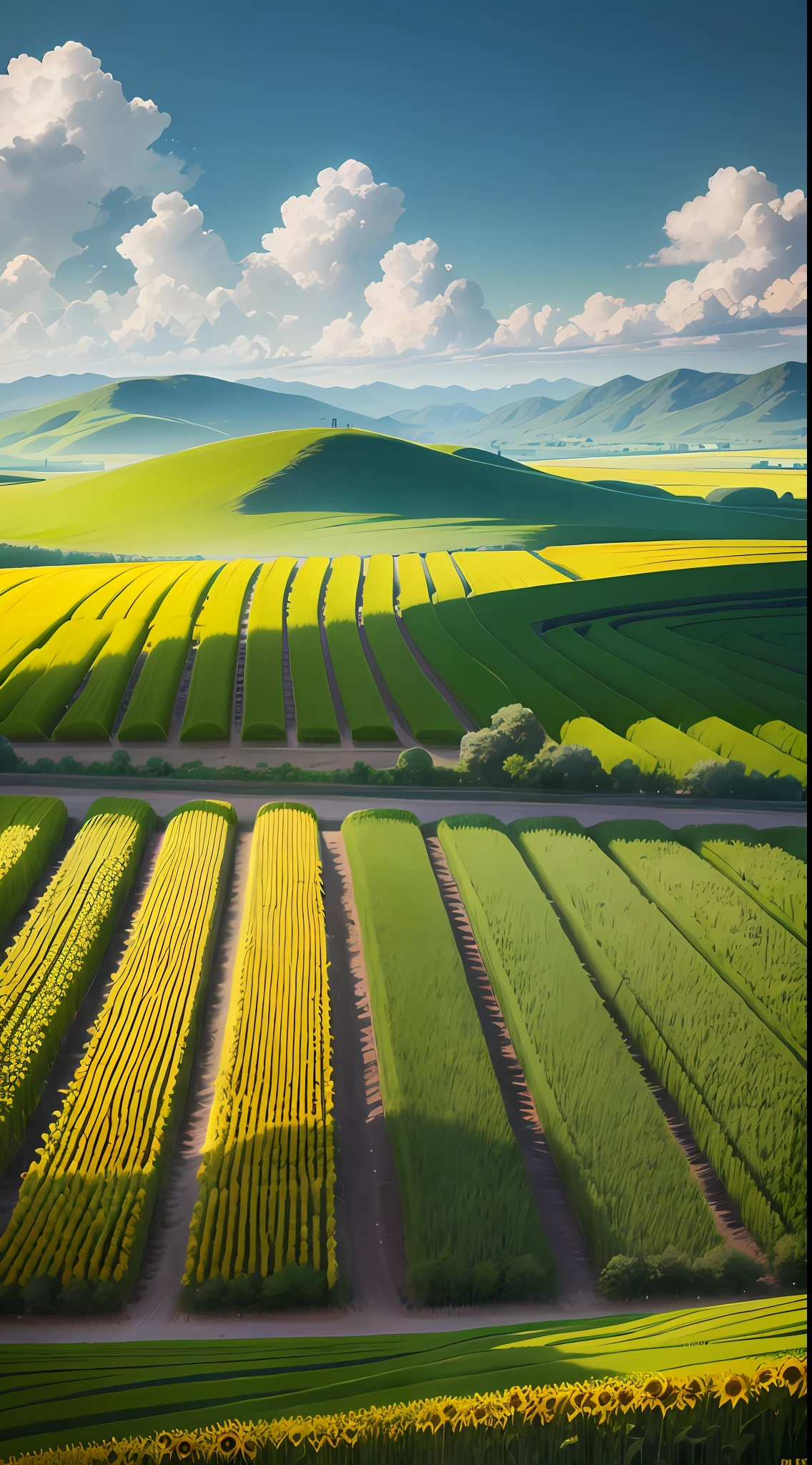 The idyllic scenery is cloudless, the sunflower waves are gently swaying, the rice fields are neatly showing the beauty of planting, the verdant hillsides in the distance, the road is flying among them, the morning light is soft, enough to rival a movie blockbuster, visual surrealism, deep scene bokeh fixed focus, cinematic light and shadow tracking, perfectly integrated in this rural field. --v6