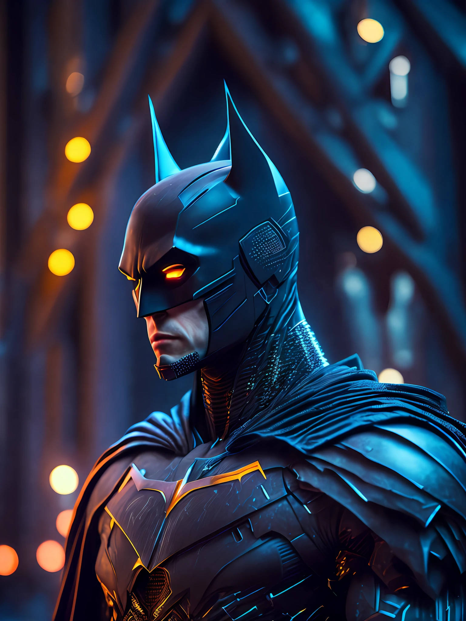somber portrait of Cyborg Batman from DC with intricate angular cybernetic implants inside a brutalist building, gothic brutalist cathedral, cyberpunk, award-winning photo, bokeh, neon lights, cybernetic limb