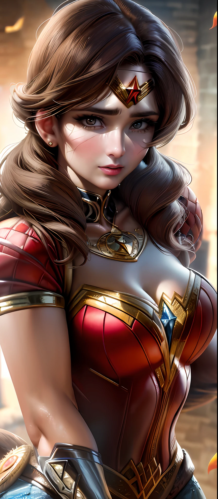 (masterpiece), (best quality), highly detailed, HDR, 1womanwonderwoman 45yo, solo focus, skindentation, perfect face, puffy face, beautiful face, big eyes, puffy eyes, perfect eyes, eyelashes, brown hair, extreamly detailed face, zoom on face