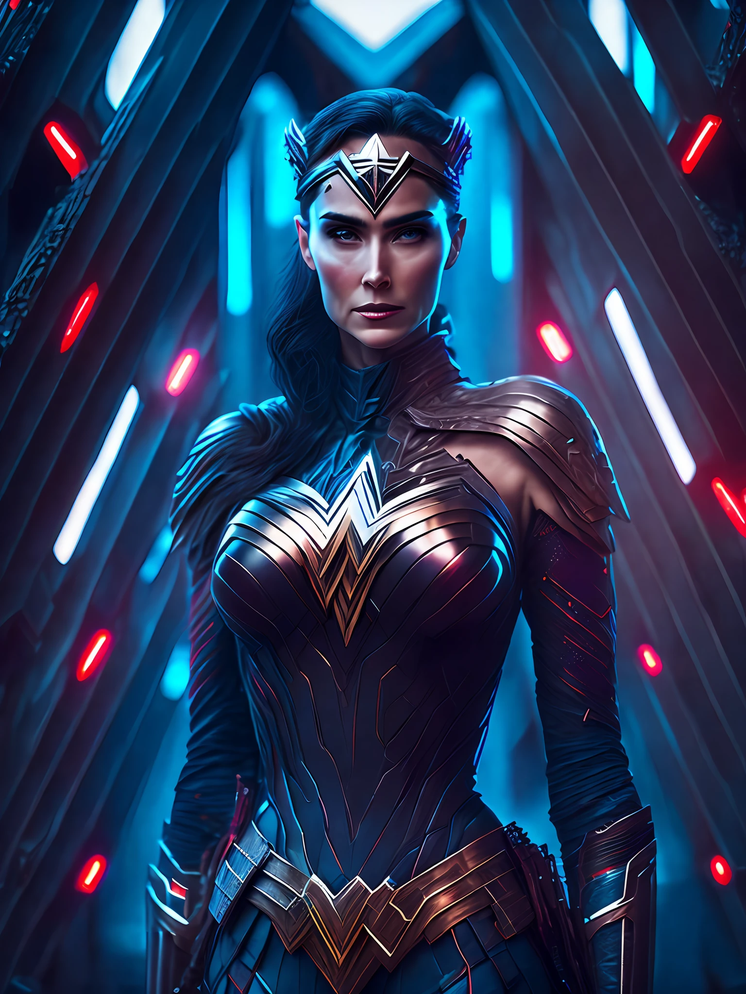 somber portrait of Wonder Woman from DC with intricate angular cybernetic implants inside a brutalist building, gothic brutalist cathedral, cyberpunk, award-winning photo, bokeh, neon lights, cybernetic limb