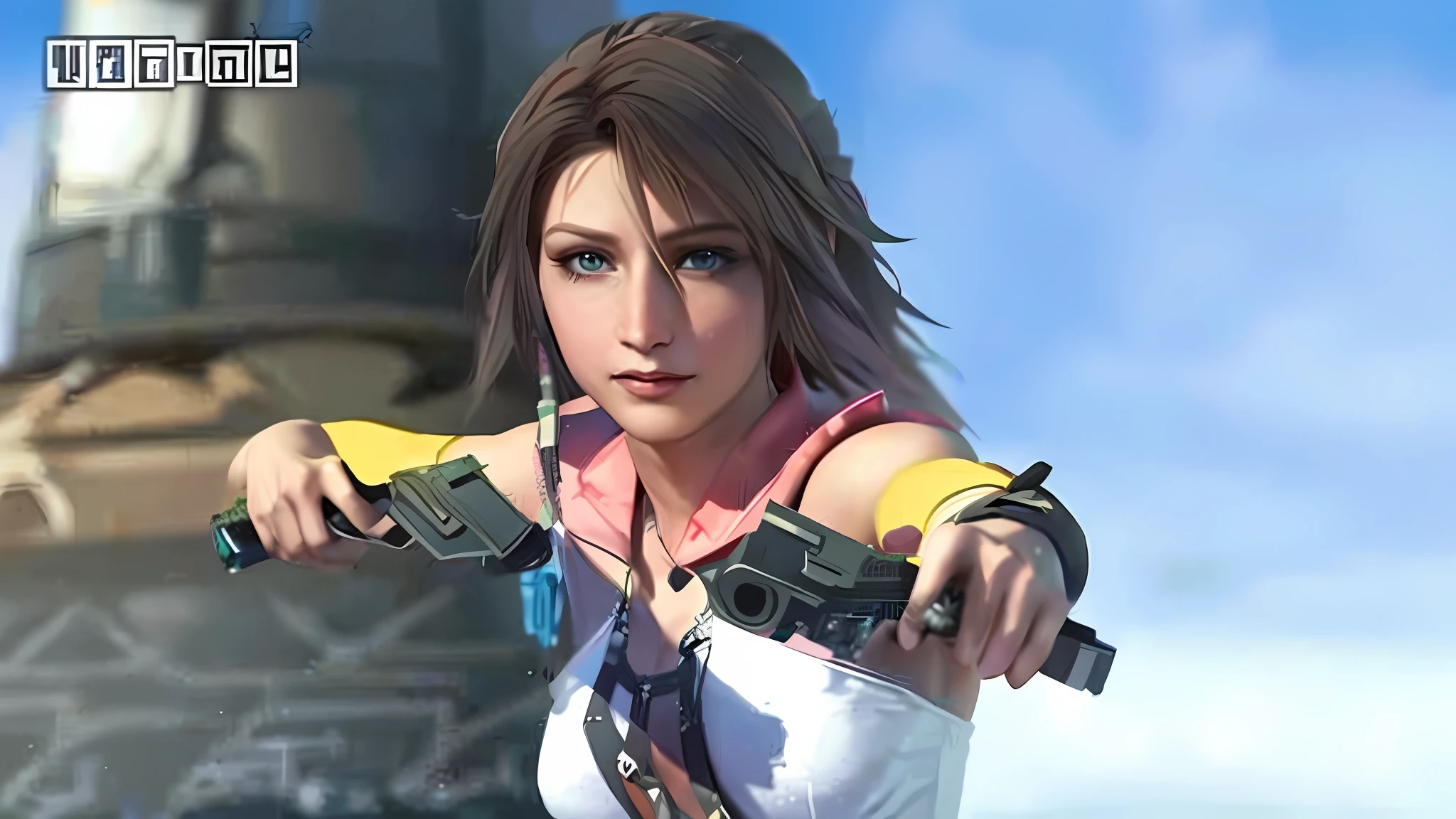 a woman holding two guns in front of a castle, final fantasy character, from final fantasy, beautiful aerith gainsborough, aerith gainsborough, from final fantasy xiii, final fantasy 1 2 style, female protagonist 👀 :8, final fantasy x, from ff7, female protagonist, video game character, from final fantasy vii, final fantasy face, glamorous aerith portrait