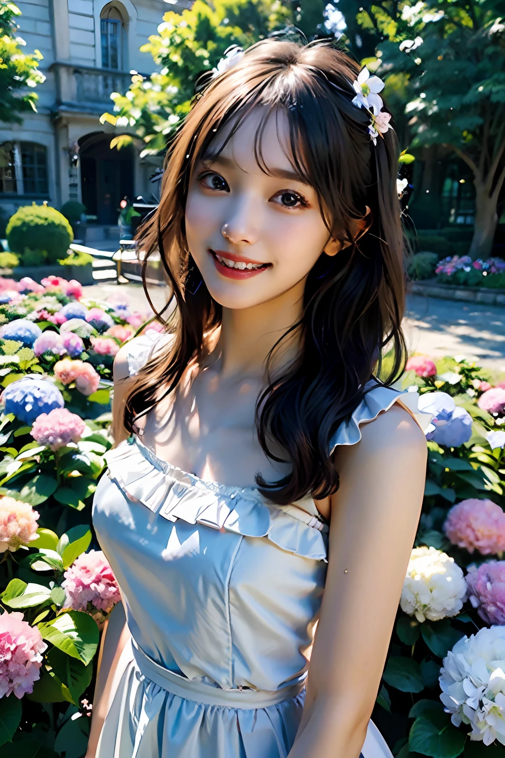best quality, masterpiece, ultra high res, 8K, raw, (photo realistic:1.4), professional lighting, depth of field, (detailed background:1.5), hydrangeas, flower garden, slender, stretch, 1 girl, cute, smile, big black eyes, teeth, tiny breasts, detailed clothes, black, one-piece with frill