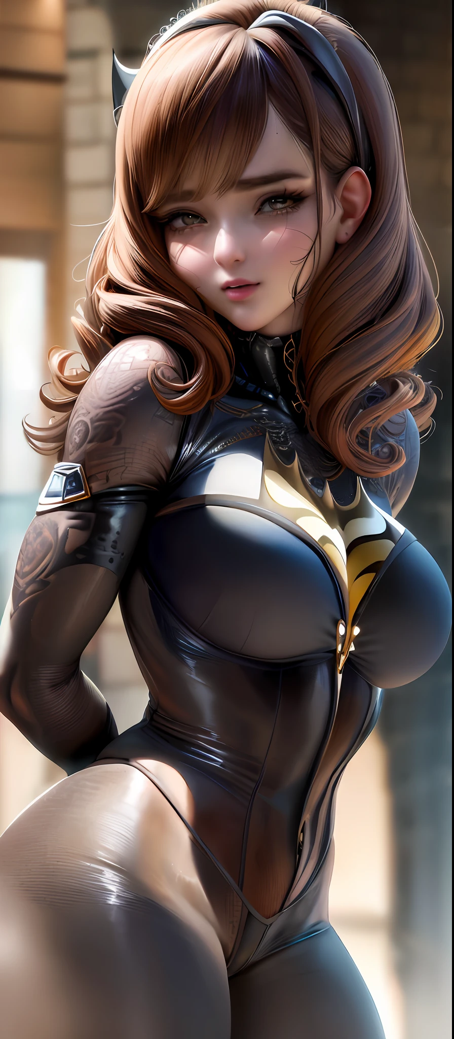(masterpiece), (best quality), highly detailed, HDR, 1womanbatman 45yo, solo focus, skindentation, perfect face, puffy face, beautiful face, big eyes, puffy eyes, perfect eyes, eyelashes, brown hair, extreamly detailed face, zoom on face