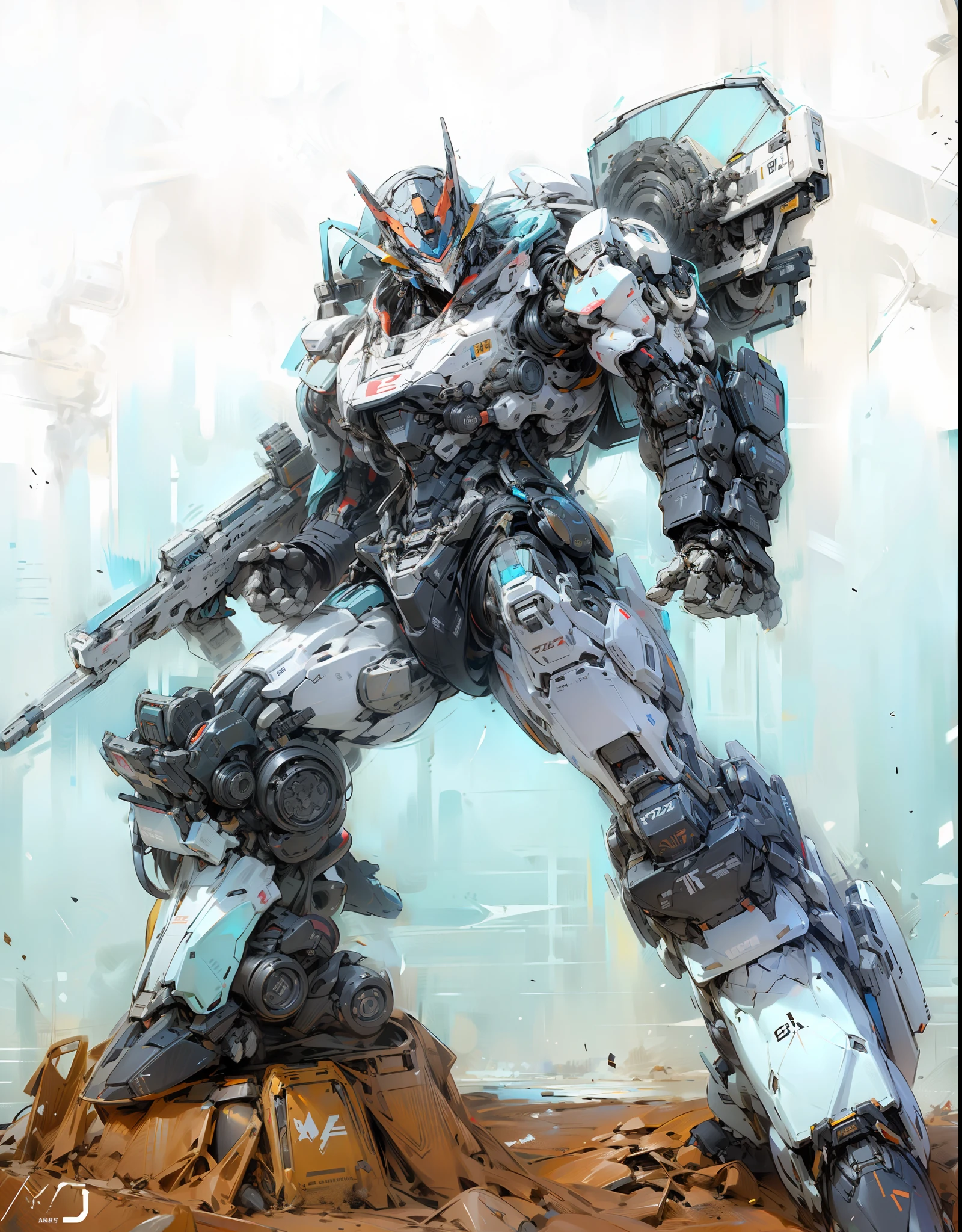 Robot, Epic Robot, White Livery, Mechanical, Complex, Real, Humanoid Mech, Right Hand Gun, Car Case Armor, Tires, Roland Zilvenskis 3d Render Art, Polycount Contest Winner, Humanoid Mech, 3D Rendered Stylized, Feet on the Ground, Beautiful Robot Character Design, Mecha Portrait, Mecha, Transformers Style, Realism, Right Hands