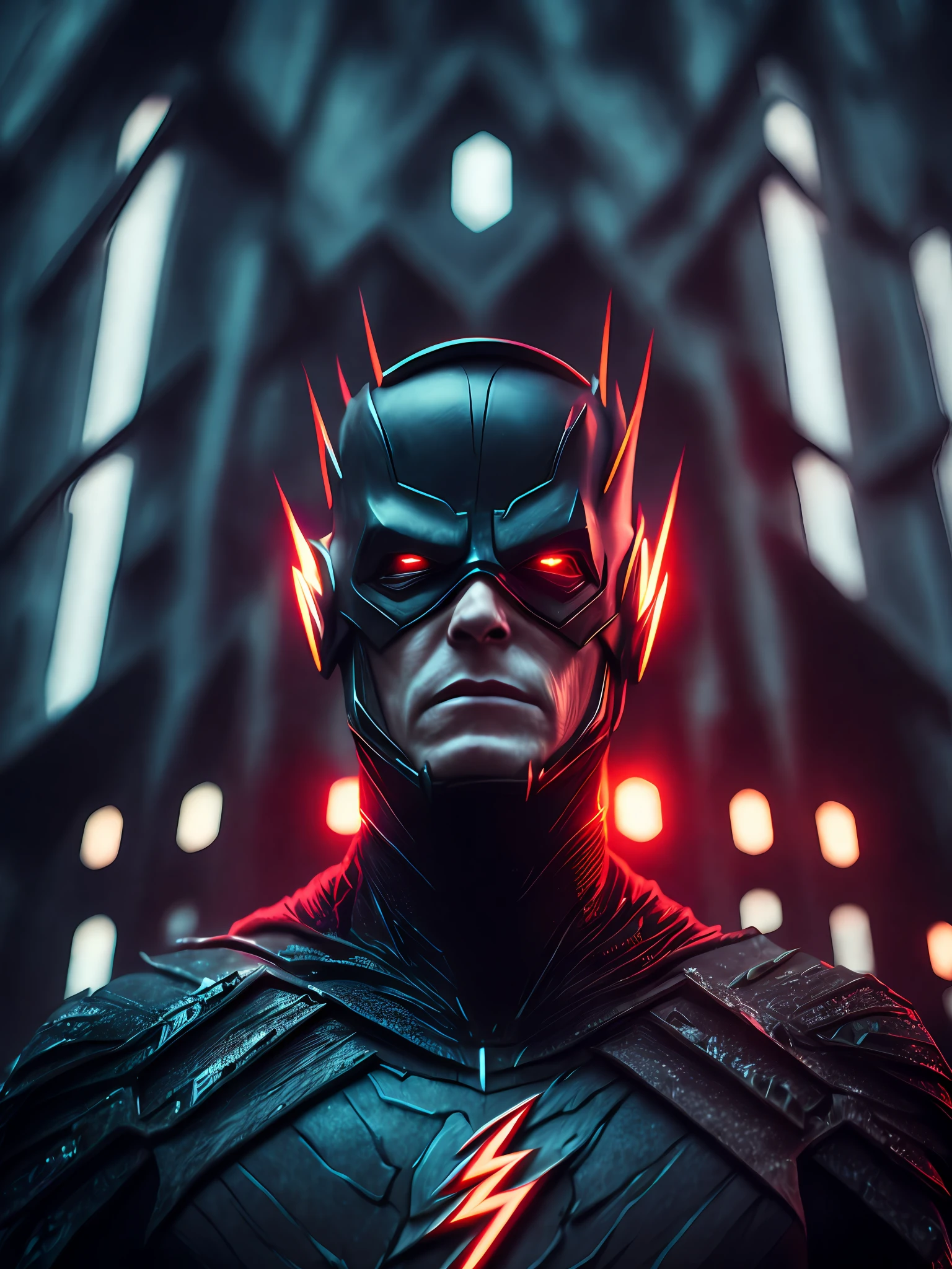gloomy portrait of Evil Flash from DC with intricate angular cybernetic implants inside a brutalist building, gothic brutalist cathedral, cyberpunk, award-winning photo, bokeh, neon lights, cybernetic limb