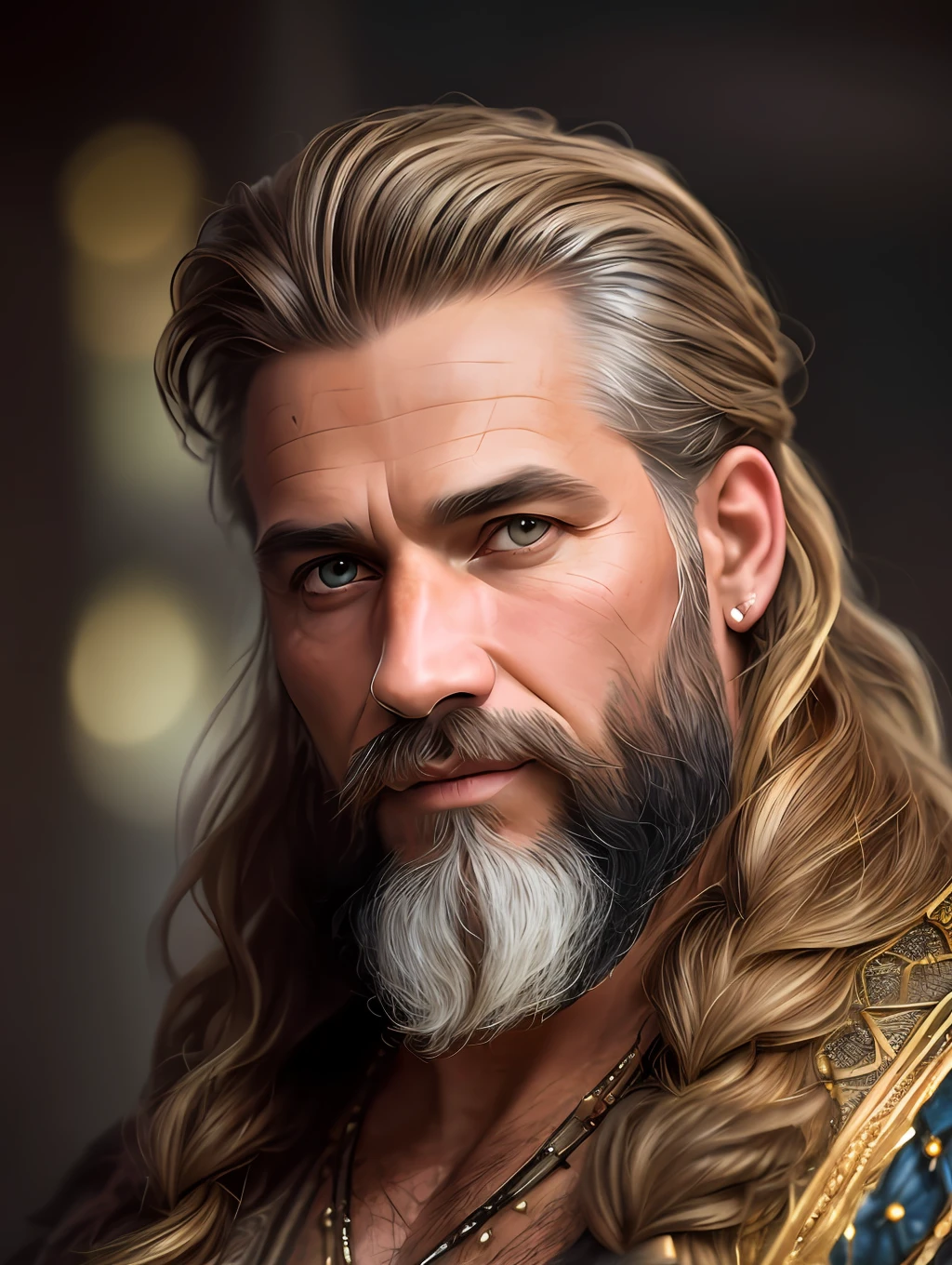 A very rustic handsome and attractive middle age man, full focus, tiltshift, ethereal, cinematic, shimmering lights, vikings, god, mythological king, grotesque, upper body, fierce, tumblr contest winner, hurufiyya, renaissance painting, very strong and masculine, movie still, cinematic lighting. photograph, detailed symmetric realistic face, extremely detailed natural texture, peach fuzz, long hair, masterpiece, absurdres, nikon d850 film stock photograph, kodak portra 400 camera f1.6 lens, extremely detailed, amazing, fine detail, hyper realistic lifelike texture, dramatic lighting, unrealengine, trending on artstation, cinestill 800 tungsten, looking at the viewer, photo realistic, RAW photo, TanvirTamim, high quality, highres, sharp focus, extremely detailed, cinematic lighting, 8k uhd,-imagine-