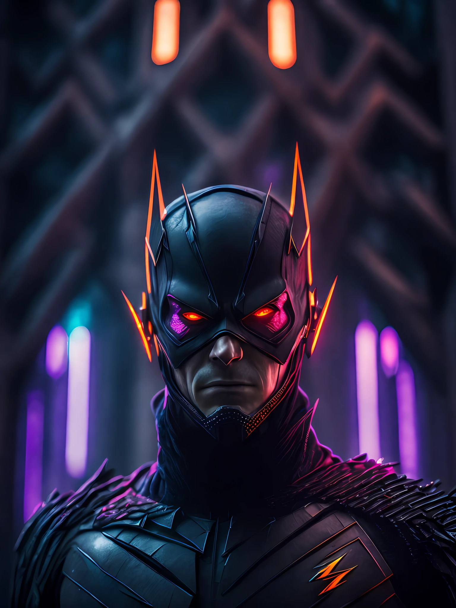 gloomy portrait of Evil Flash from DC with intricate angular cybernetic implants inside a brutalist building, gothic brutalist cathedral, cyberpunk, award-winning photo, bokeh, neon lights, cybernetic limb