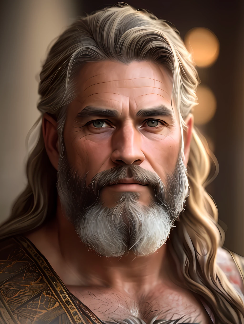 A very rustic handsome and attractive middle age man, full focus, tiltshift, ethereal, cinematic, shimmering lights, vikings, god, mythological king, grotesque, upper body, fierce, tumblr contest winner, hurufiyya, renaissance painting, very strong and masculine, movie still, cinematic lighting. photograph, detailed symmetric realistic face, extremely detailed natural texture, peach fuzz, long hair, masterpiece, absurdres, nikon d850 film stock photograph, kodak portra 400 camera f1.6 lens, extremely detailed, amazing, fine detail, hyper realistic lifelike texture, dramatic lighting, unrealengine, trending on artstation, cinestill 800 tungsten, looking at the viewer, photo realistic, RAW photo, TanvirTamim, high quality, highres, sharp focus, extremely detailed, cinematic lighting, 8k uhd,-imagine-