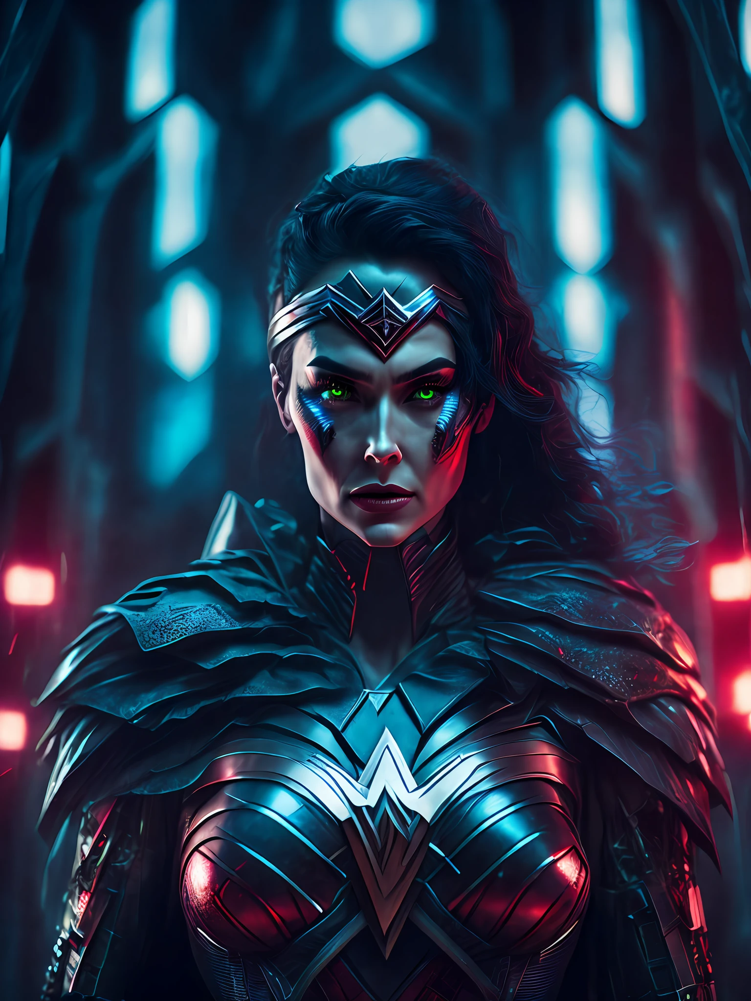 gloomy portrait of Evil Wonder Woman from DC with intricate angular cybernetic implants inside a brutalist building, gothic brutalist cathedral, cyberpunk, award-winning photo, bokeh, neon lights, cybernetic limb