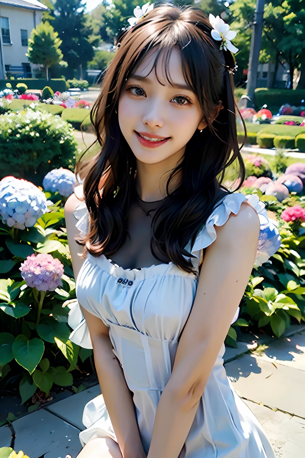 best quality, masterpiece, ultra high res, 8K, raw, (photo realistic:1.4), professional lighting, depth of field, (detailed background:1.5), hydrangeas, flower garden, slender, stretch, 1 girl, cute, smile, big black eyes, teeth, tiny breasts, detailed clothes, (black), one-piece with frill