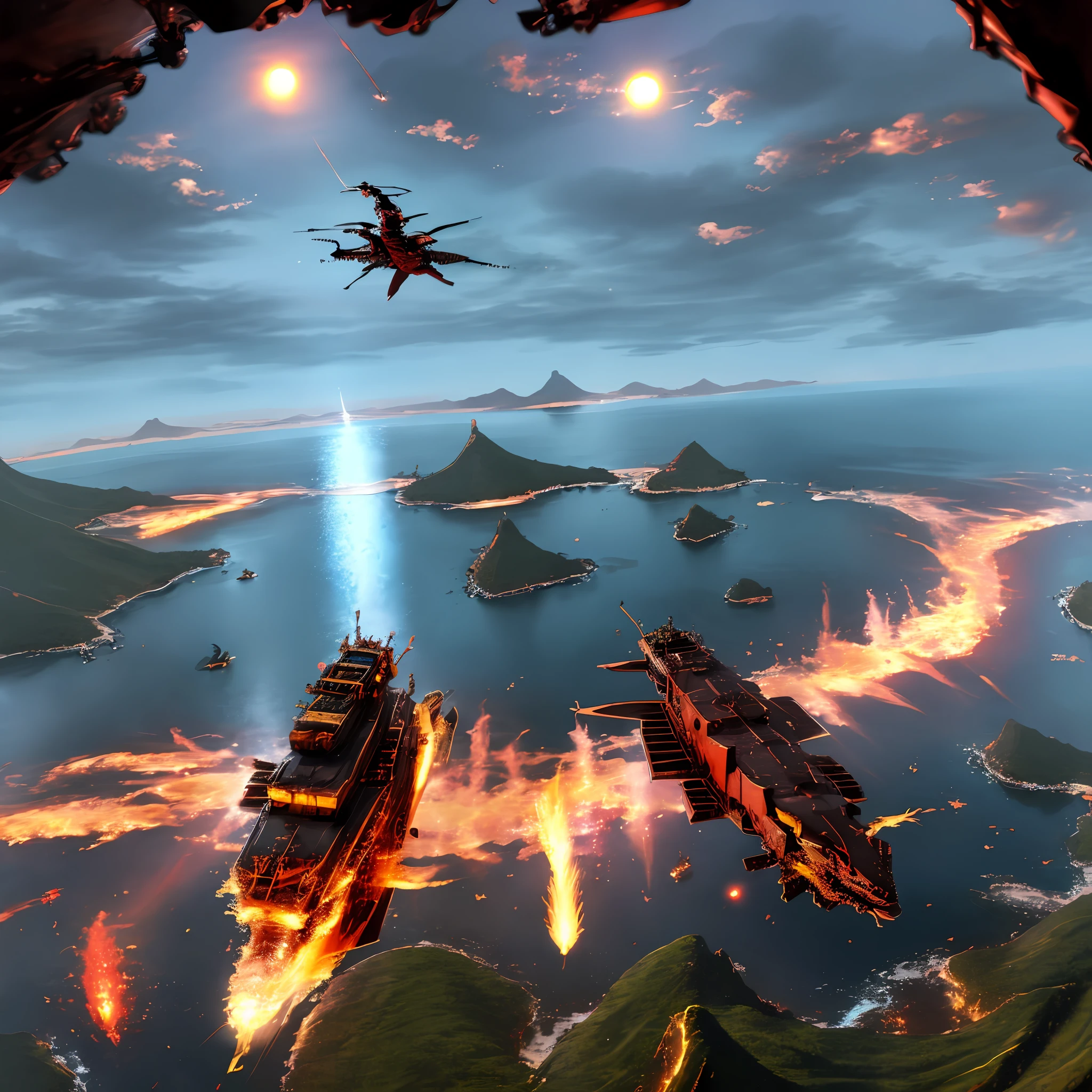 dragon Chinese flying over the island, spitting fire, fighting knight on horseback, hd quality,rain, night,moon