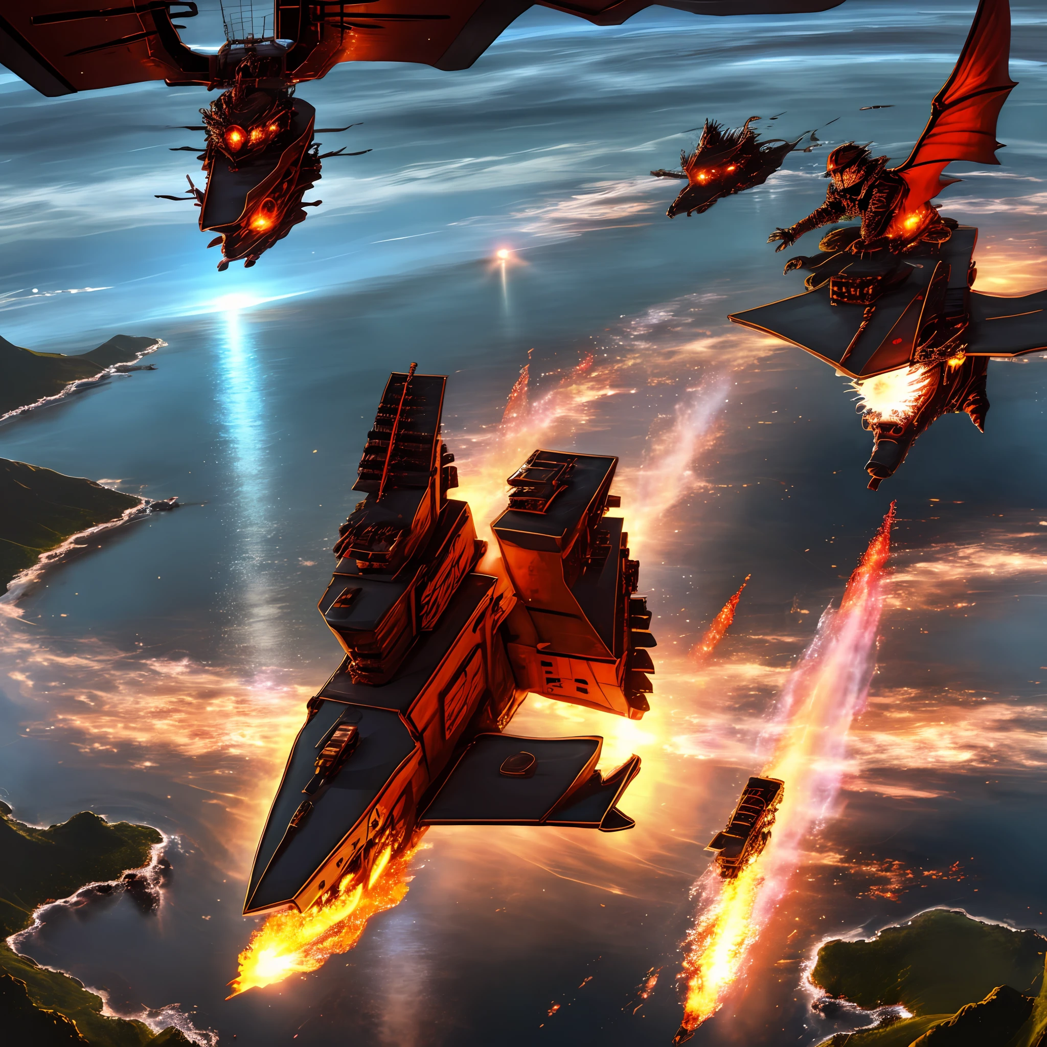 dragon Chinese flying over the island, spitting fire, fighting knight on horseback, hd quality,rain, night,moon